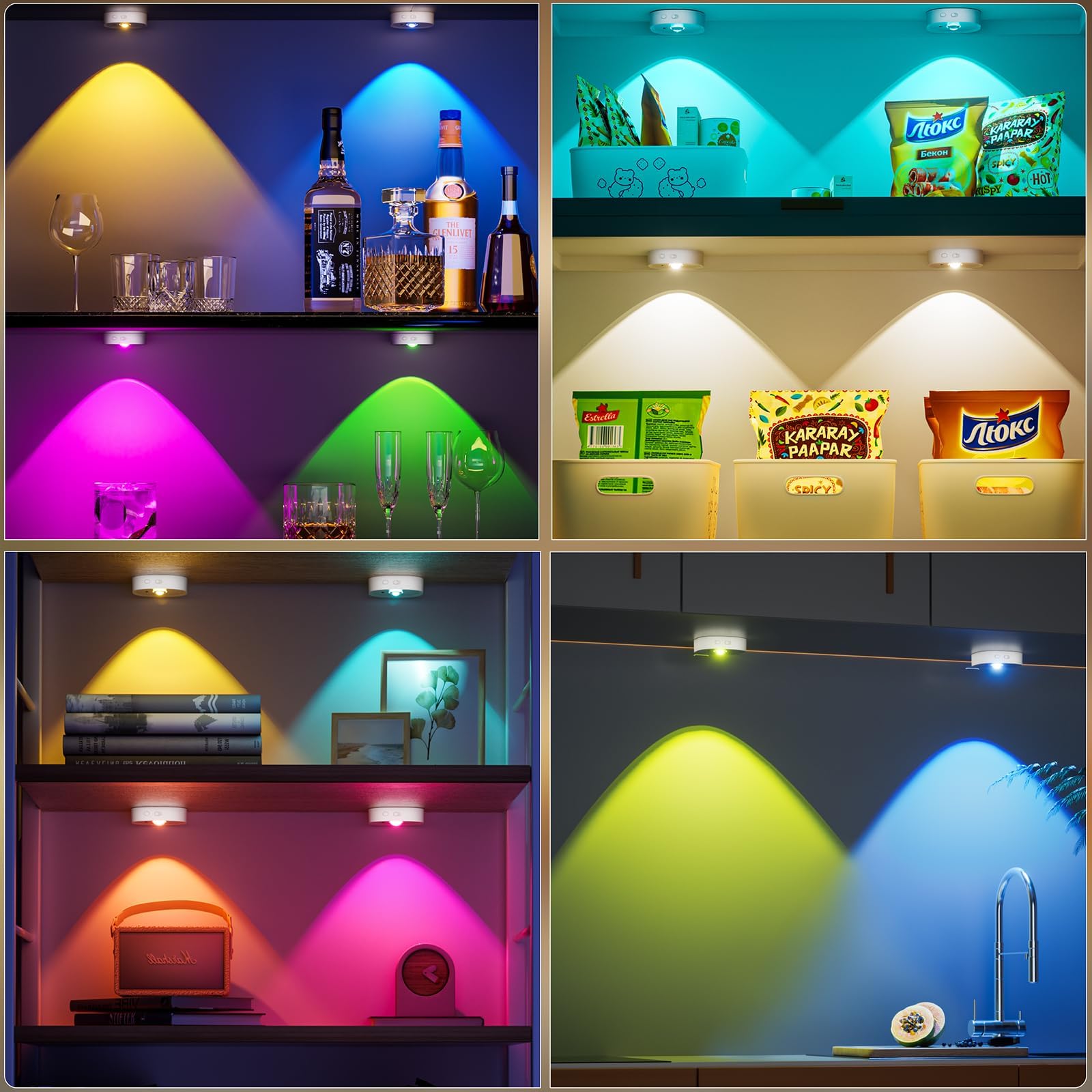 HOMEBEST Puck Lights with Remote, 13 RGB Colors, Rechargeable, Wireless Tap Light, White 6 Pack, Model USHB-HL05-WH6P-VR12