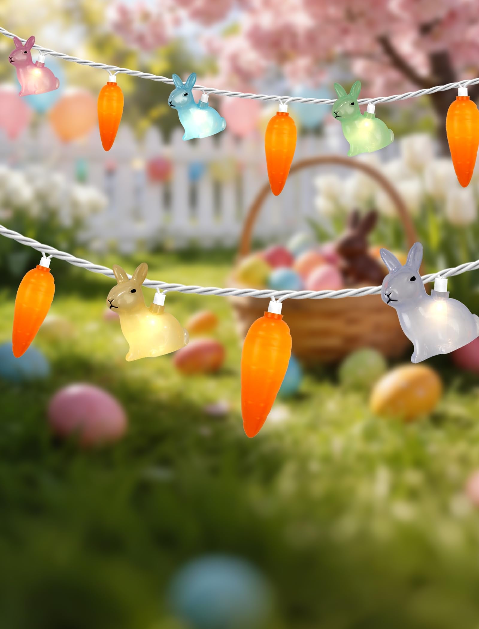 Hobbynors 12Ft Easter String Lights Plug in - 20 LED 3D Pastel Bunny & Carrot Fairy Lights  Connectable & Waterproof Spring Decor for Indoor Outdoor Home  Mantel  Bedroom  Party  Garden (White Wire)