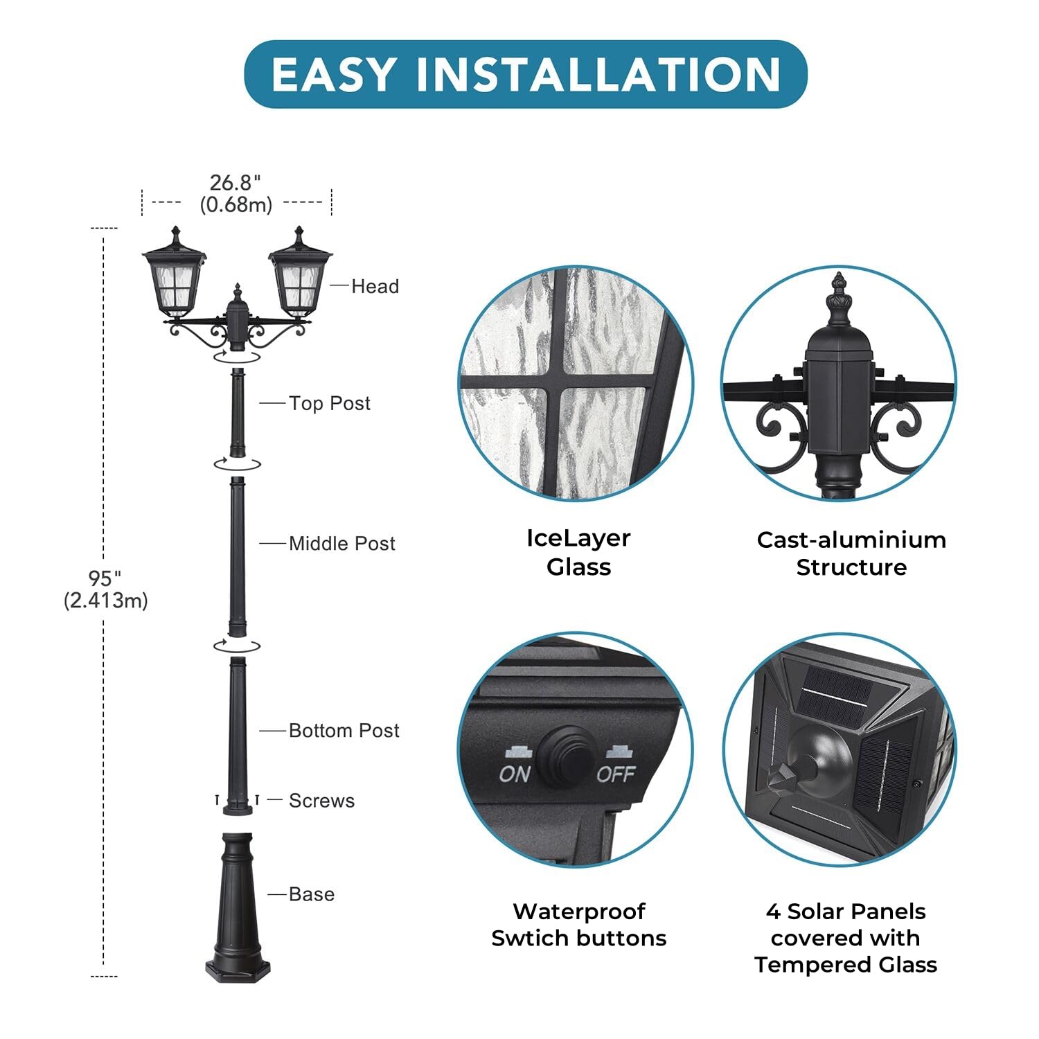 Kemeco Solar Lamp Post Light, ST4311AB1-2 Dusk to Dawn Outdoor Bright Street Post Light for Yard Garden Patio Walkway Driveway L
