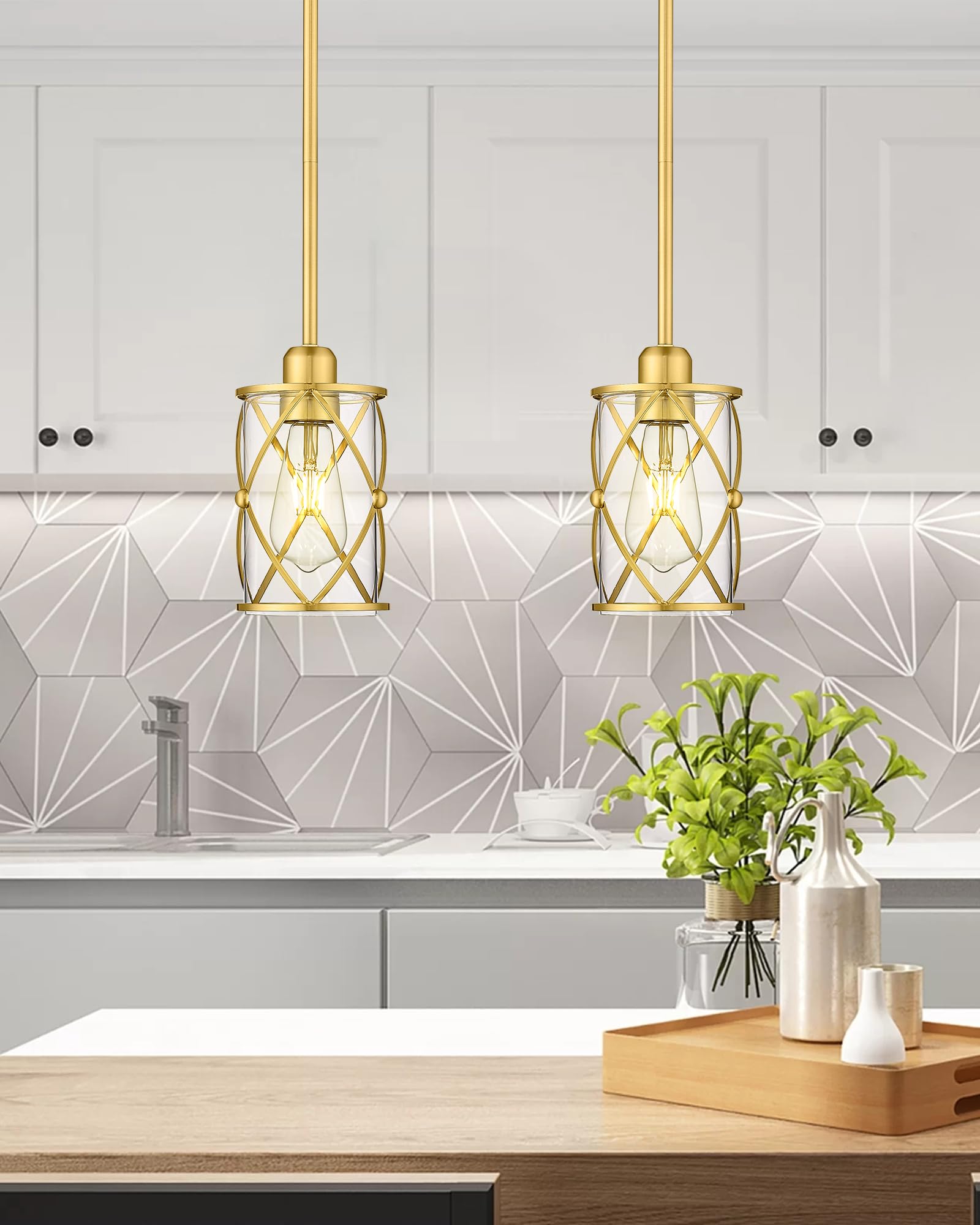 Osimir Brushed Gold Pendant Lights, 2 Pack Clear Glass Farmhouse Hanging Fixtures For Kitchen