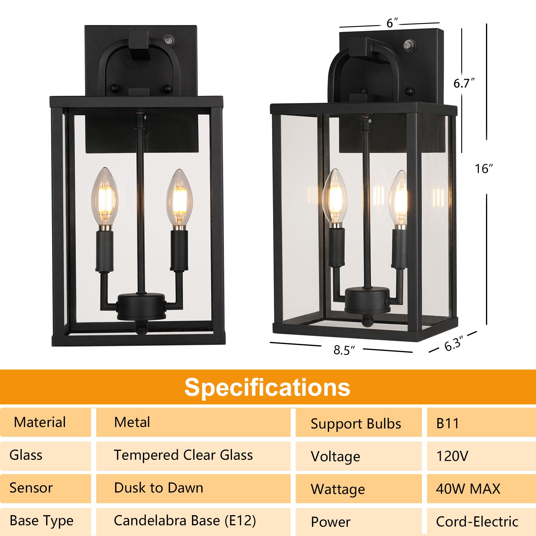 PARTPHONER Outdoor Light Fixture, 2-Light Dusk to Dawn Metal Wall Lantern, Clear Glass, Farmhouse Style for Porch, Entryway, Garage