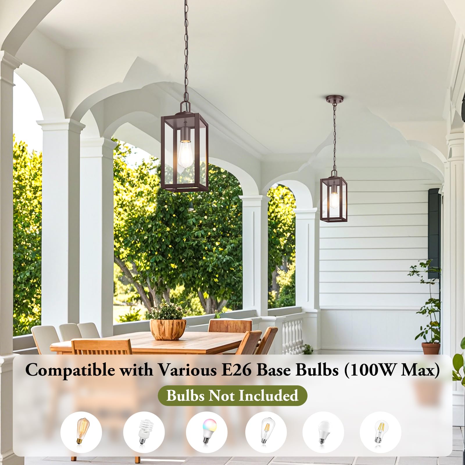 BesLowe 1-Pack 13” Outdoor Pendant Light, Brown Metal Hanging Lantern, Adjustable Chain, Modern Chandelier for Porch and Gazebo