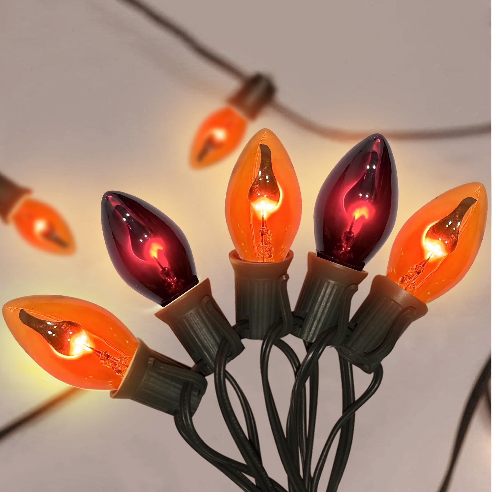 GOOTHY C7 String Lights - 25Ft Orange/Purple Flicker Flame, Waterproof, UL Listed for Outdoor Garden Party Decor