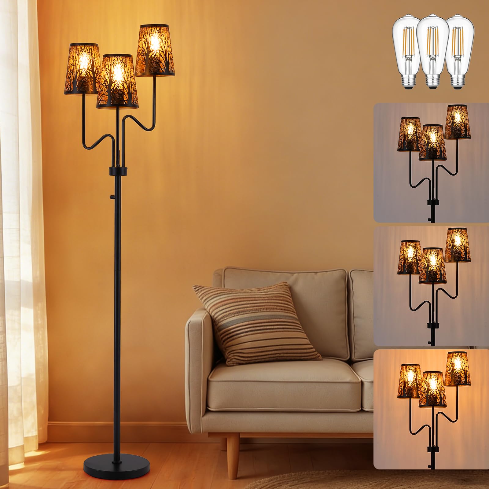 9MMML 3-Light Black Dimmable Floor Lamp for Living Room Bedroom 68 Tall Standing Lamp with Metal Hollow Shades, 3 x E26 LED Bu