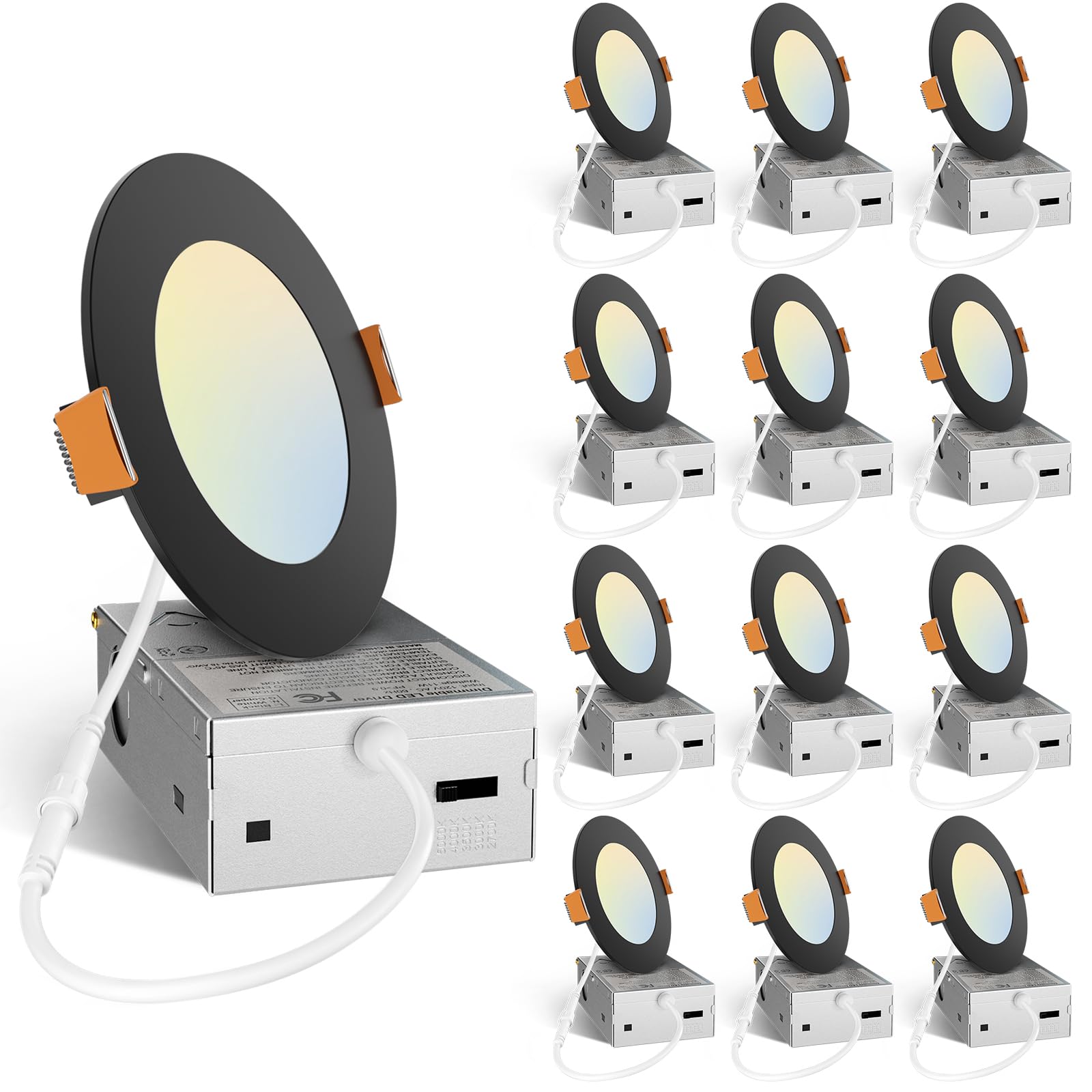 Amico 12 Pack 4 Inch 5Cct Ultra-Thin Led Recessed Ceiling Light With J-Box, 2700K/3000K/3500K/4000K/5000K Selectable, 11W Eqv 70