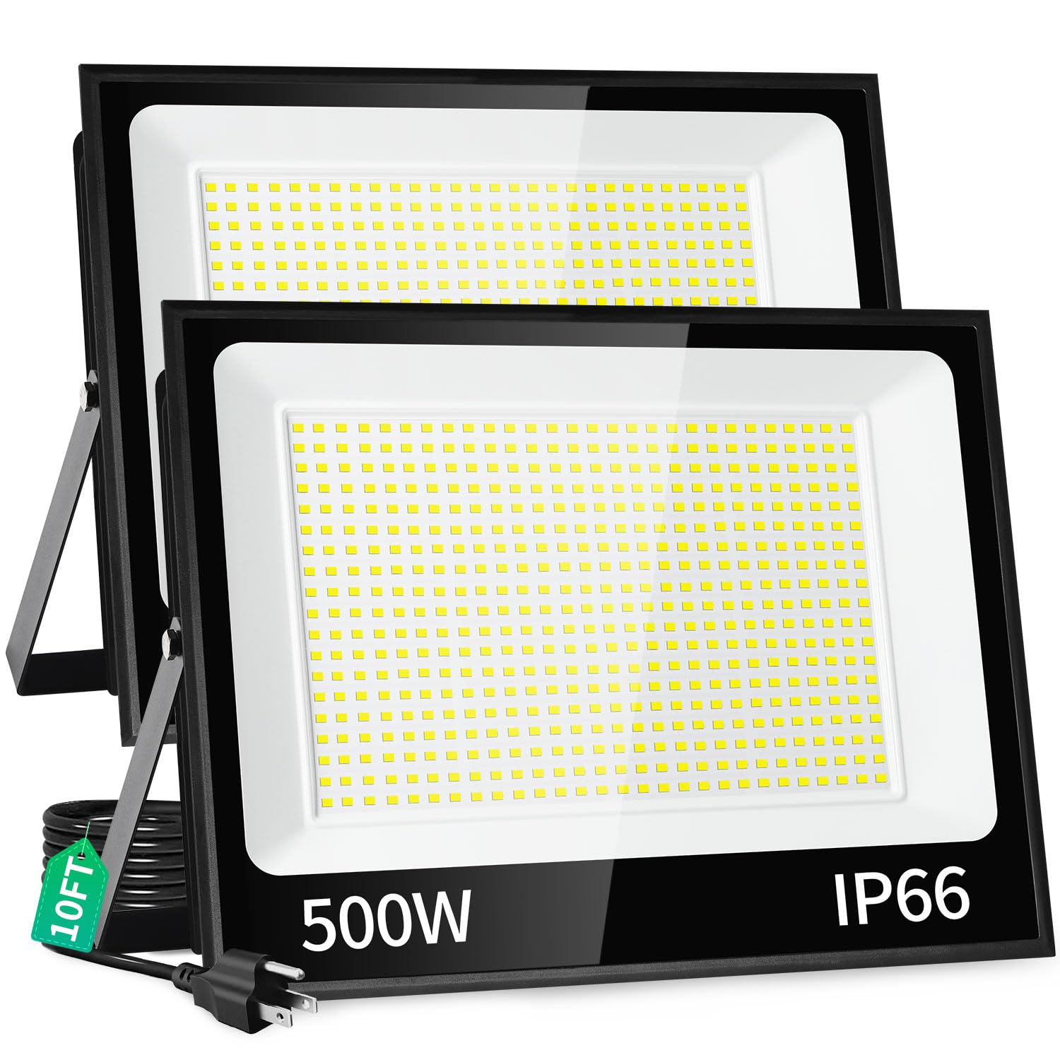 ISUERFY 500W LED Flood Light Outdoor, 60000LM, 5000K, IP66 Waterproof, 2 Pack, Black, Model SUER-FL500W-5000