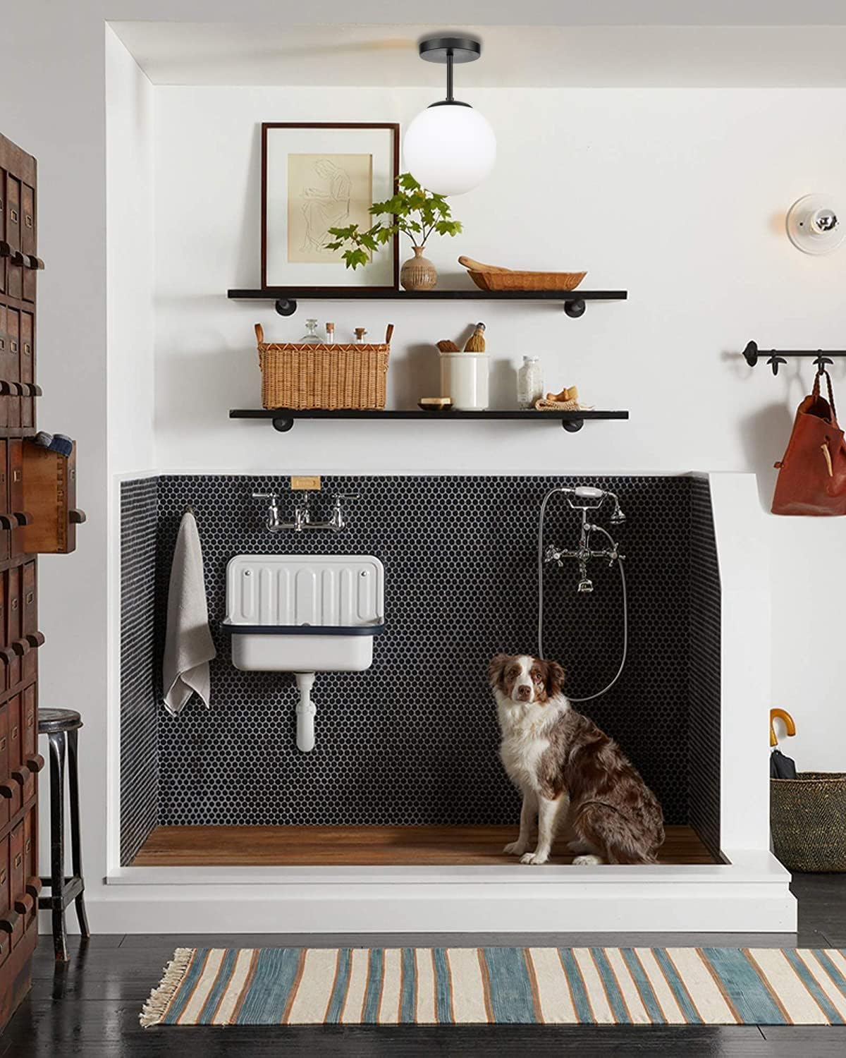 Bagood 8'' Black Semi Flush Mount Ceiling Light Fixture Milk Glass Globe Ceiling Light Fixture Hallway Light Fixtures Mid Centur