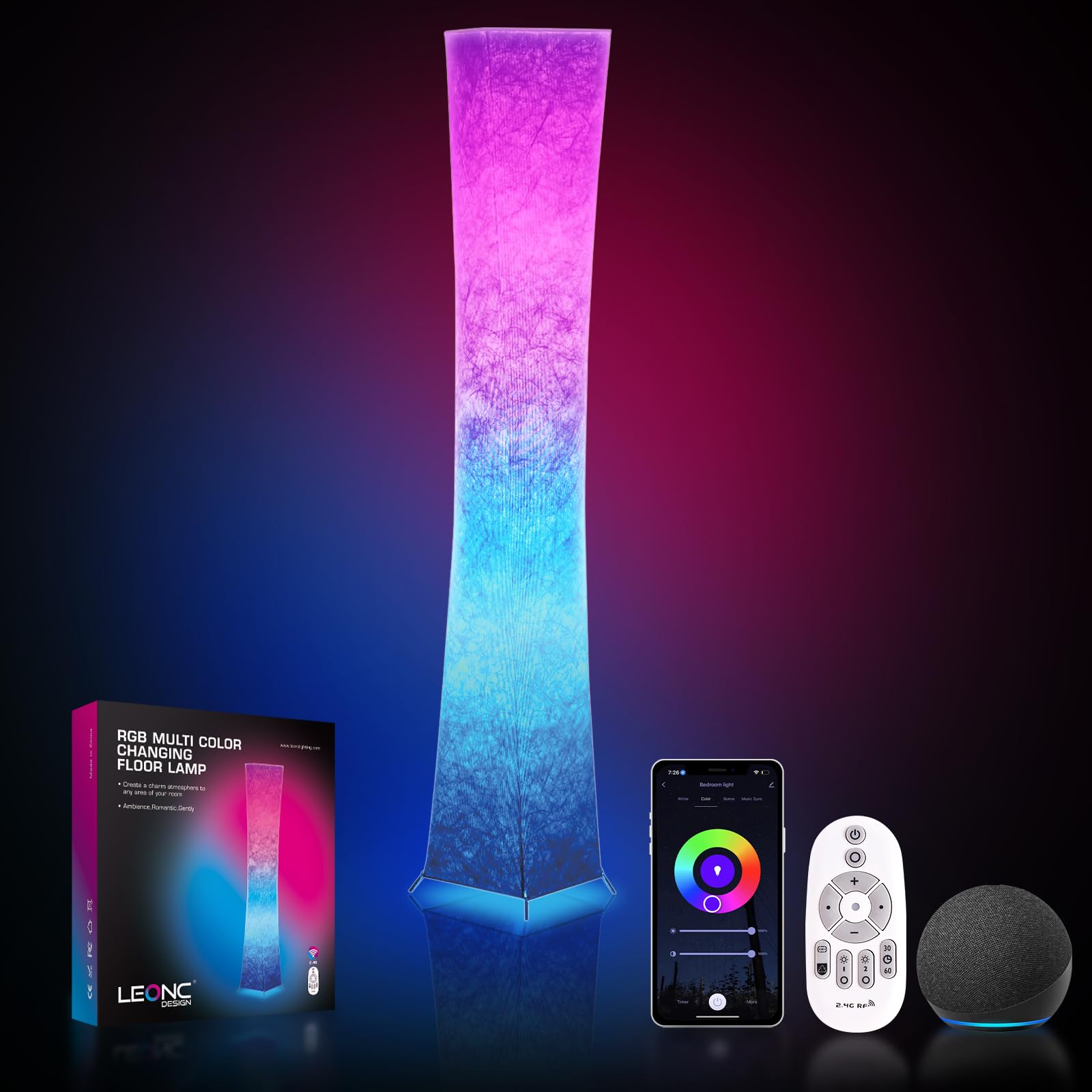 LEONC RGB+CCT Floor Lamp, 61in Smart Modern Design, Remote Control, 1800lm LED, Alexa Compatible, 16 Million Colors, Model LE-SF140RGB-AMZ