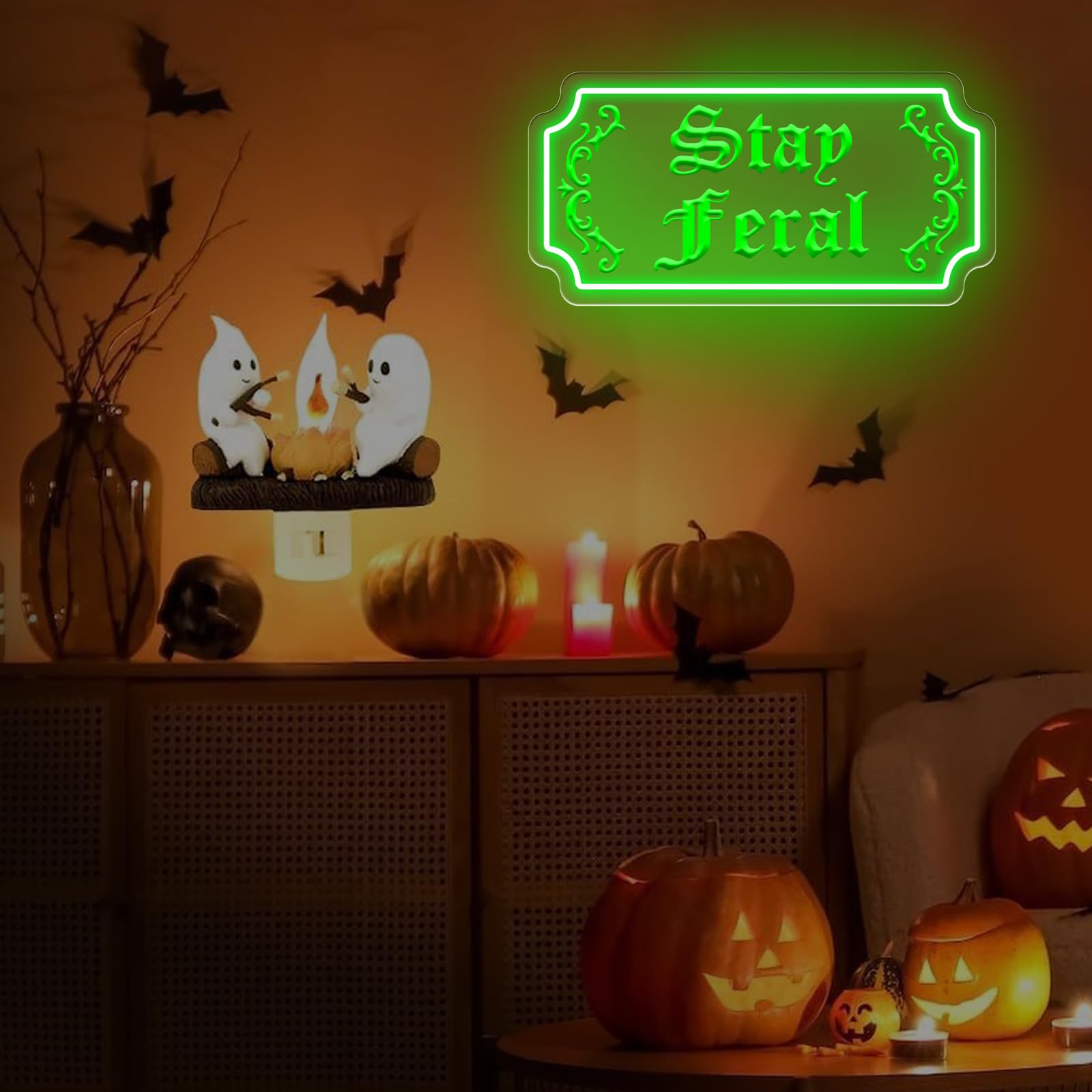 Stay Feral Neon Sign Gothic Decor Led Light Goth Lover Gift Halloween Decoration Bat Neon Sign Decor Ghost Spooky Wall Art  15.7X7.9  Green