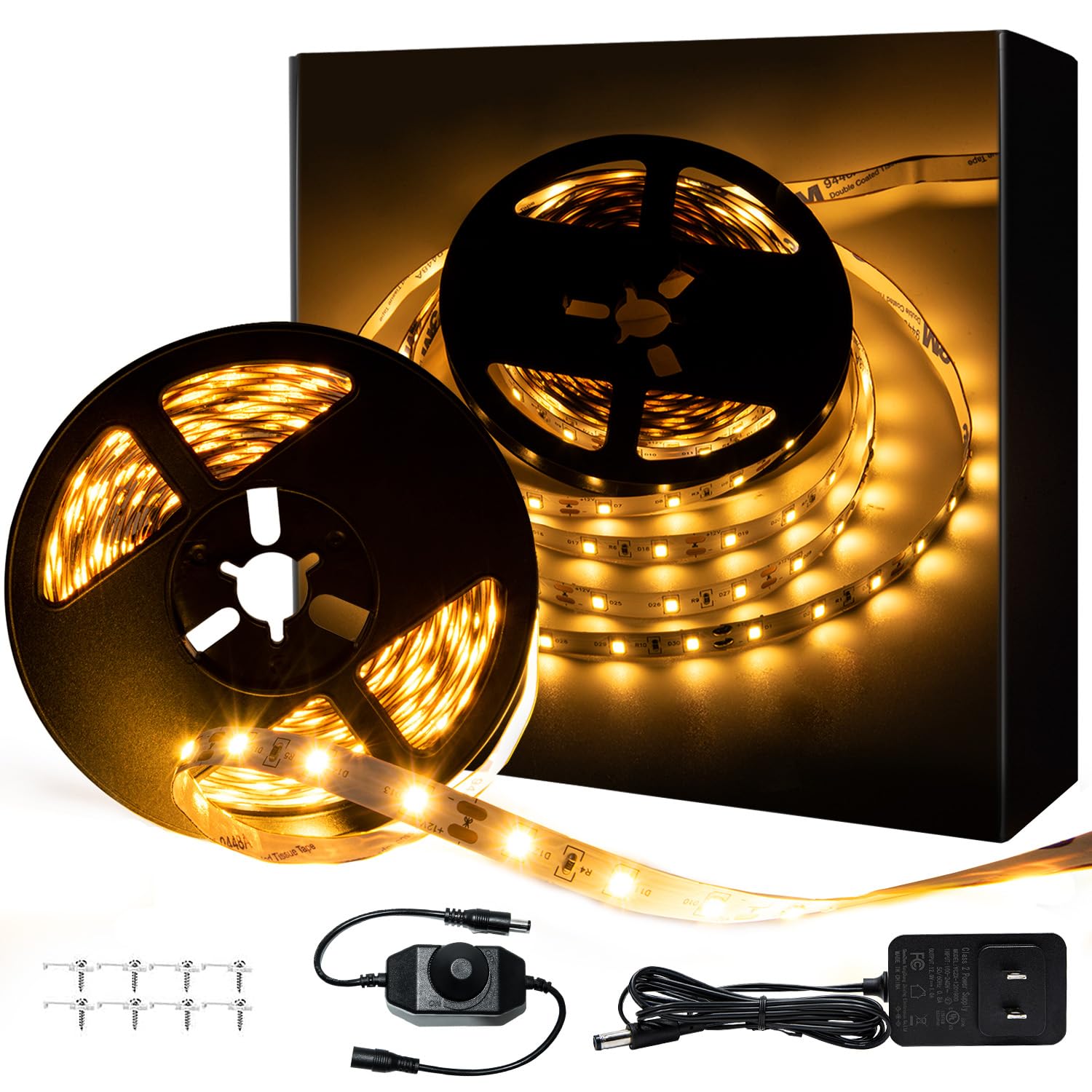ollrieu 10ft Warm White LED Band Lights 12V Dimmable Tape Lighting with Infrared Remote SMD 2835 LEDs Adhesive Ribbon Light Connectable