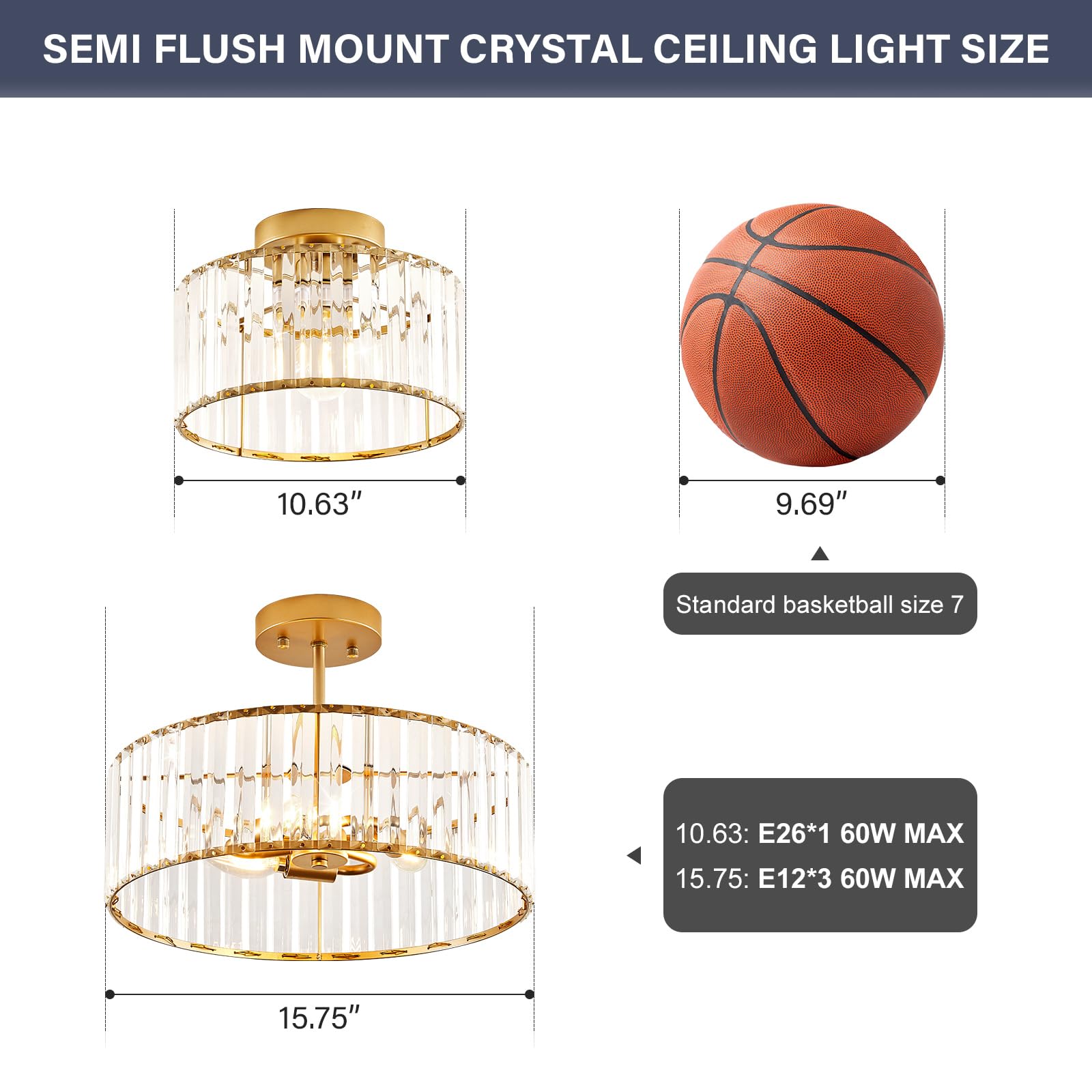 Violoemi Crystal Gold Semi Flush Mount Ceiling Light Modern Hallway Light Fixture Metal Close To Ceiling Lamp For Kitchen Living Room Bathroom Entryway Bedroom(10.63 Inch)