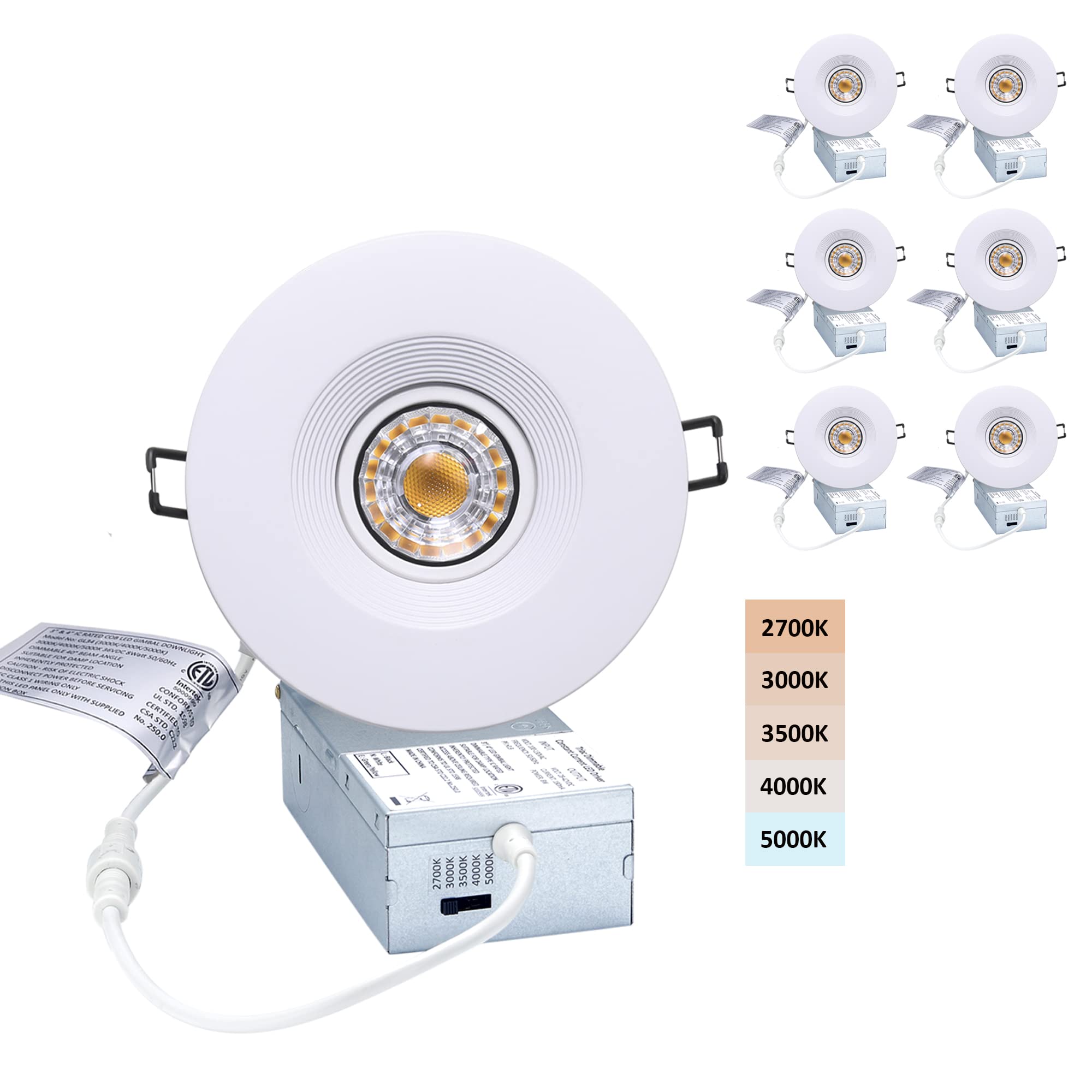 POPANU Canless Recessed Gimbal Downlight 4 Inch Dimmable LED Spotlight, White Aluminum, Model EW34CG-4WHRN