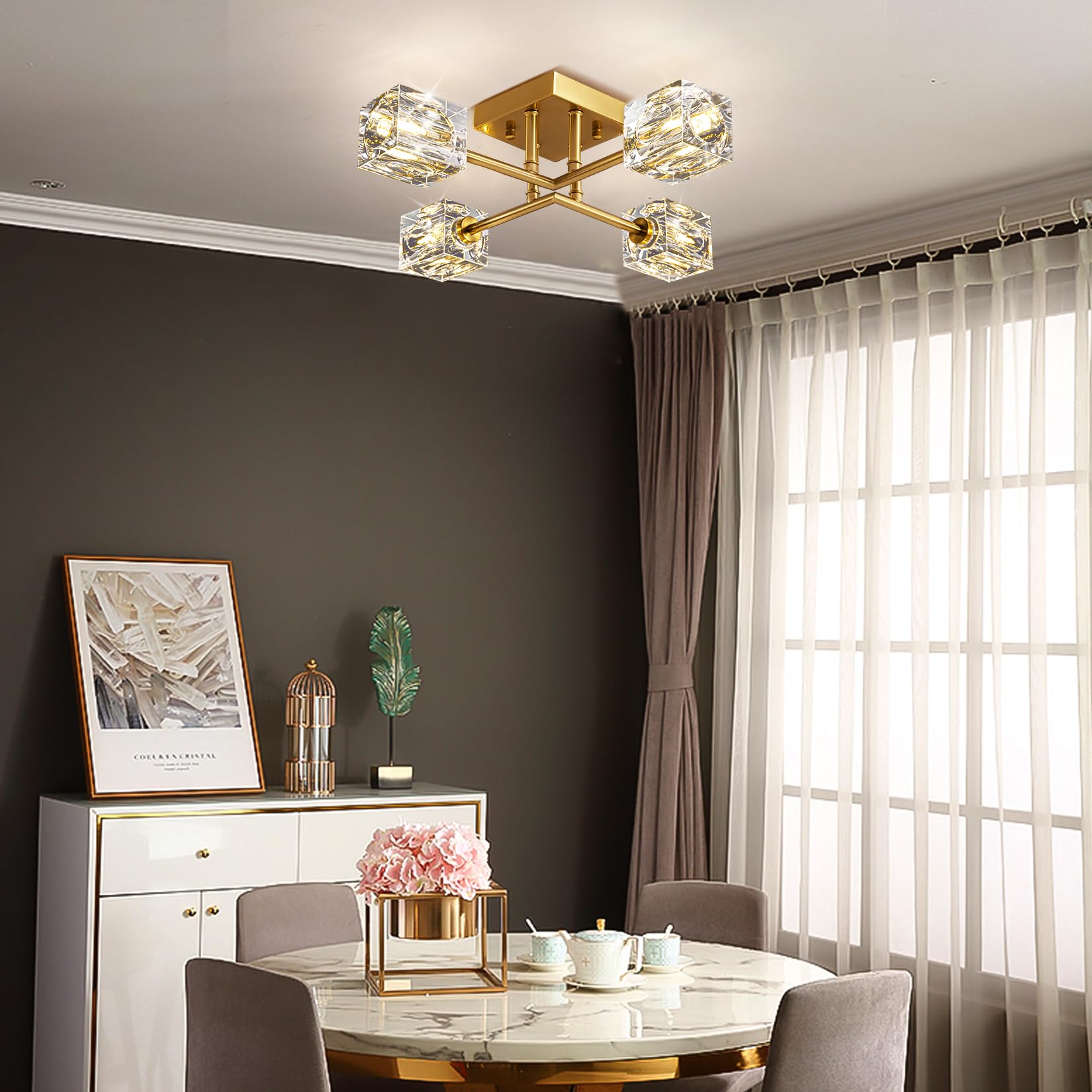 Okes Gold Modern Sputnik Chandelier Ceiling Light Fixtures,4-Lights Industrial Crystal Semi Flush Mount Ceiling Light For Bedroo