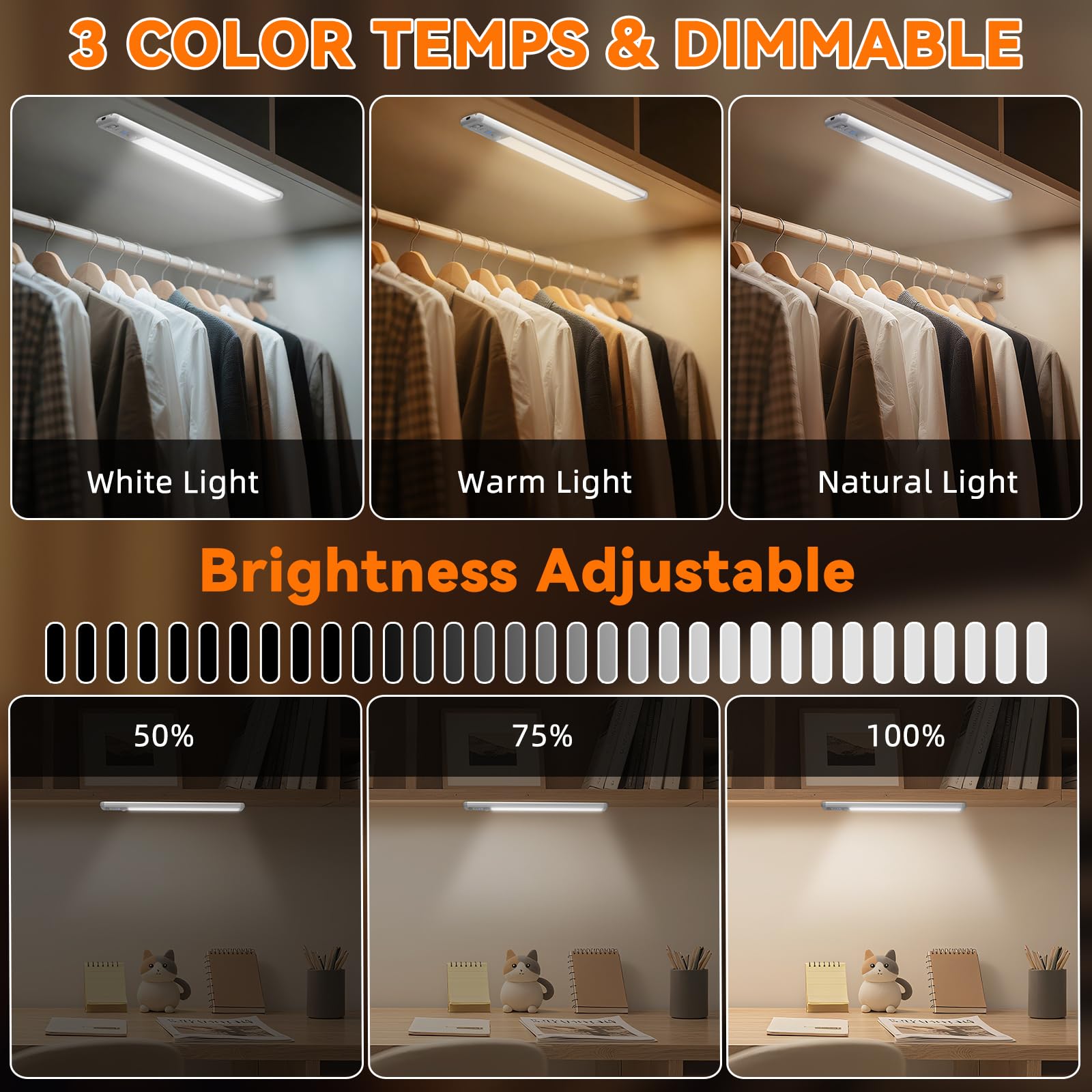ZioeYiue Under Cabinet Lighting - Wireless Motion Sensor, 3 Color Dimmable, 15" Rechargeable LED, 3-Pack, White/Warm/Natural