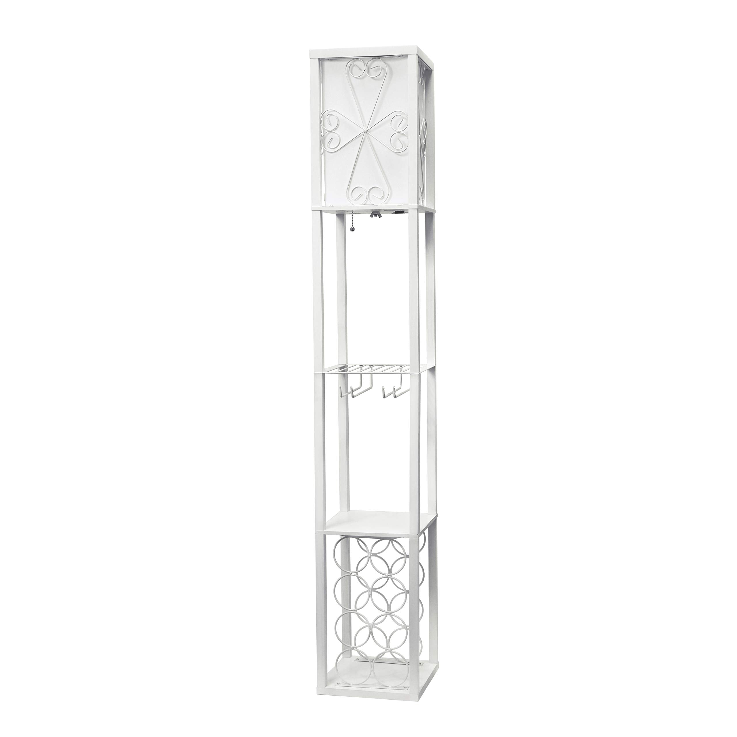 Simple Designs Lf1015-Wht Three Shelf Etagere Organizer Storage And Wine Rack Floor Lamp With White Linen Shade, White