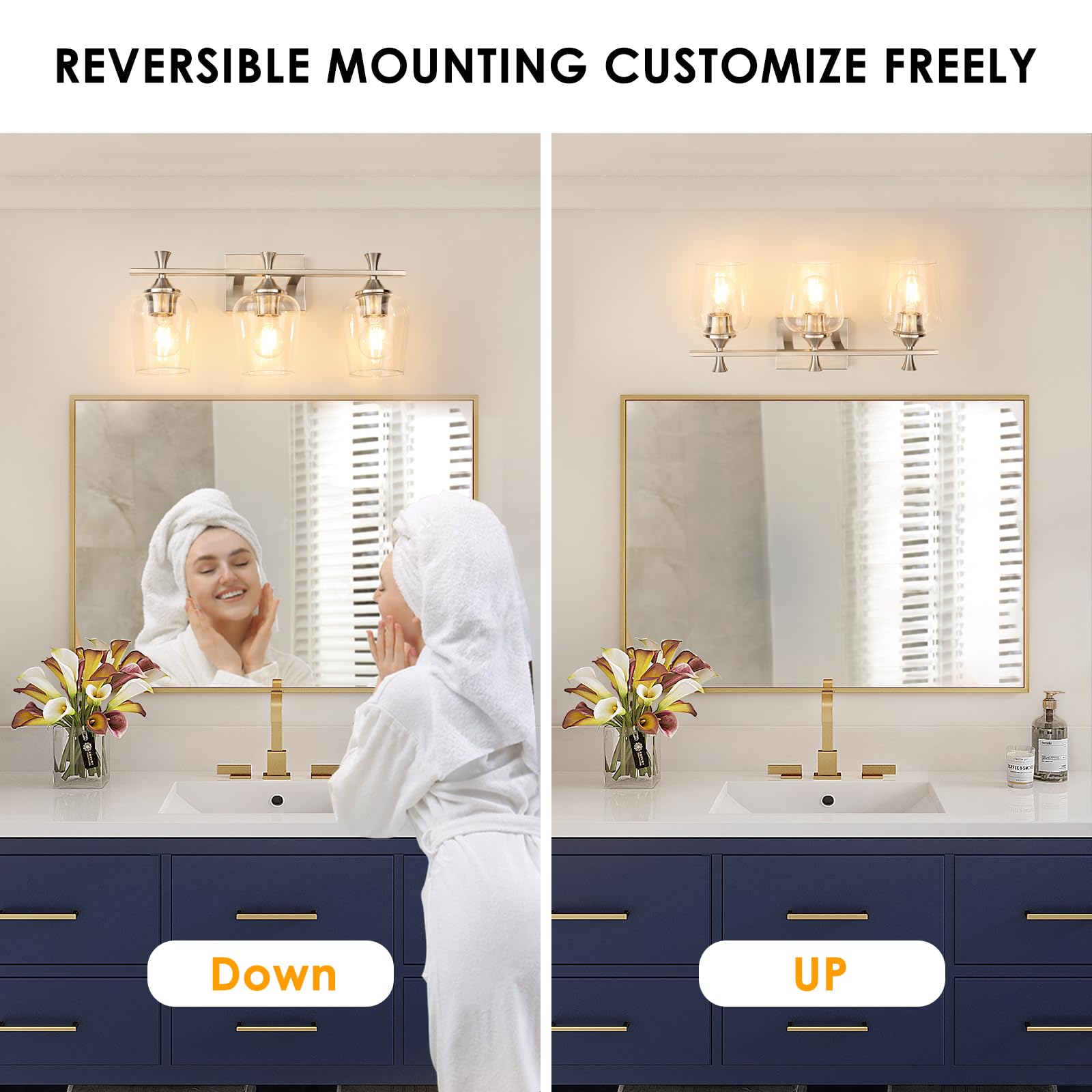 Benaep Chrome Bathroom Vanity Light Fixture, 3-Light Modern Sconce, Glass, Silver, Model: Best Home Finds Flash Deals