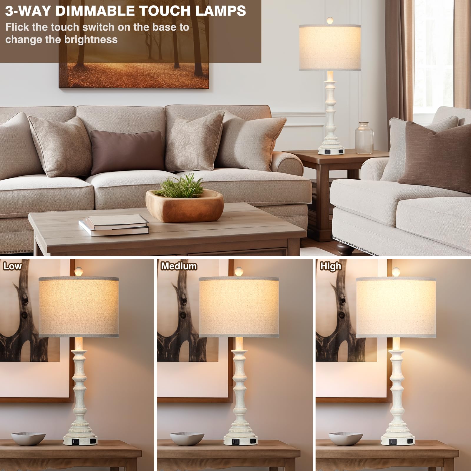 Cinkeda 27.5'' Farmhouse Table Lamps Set Of 2 With Usb C+A Ports & Ac Outlet For Vintage Living Room Retro Bedroom,3-Way Dimmabl