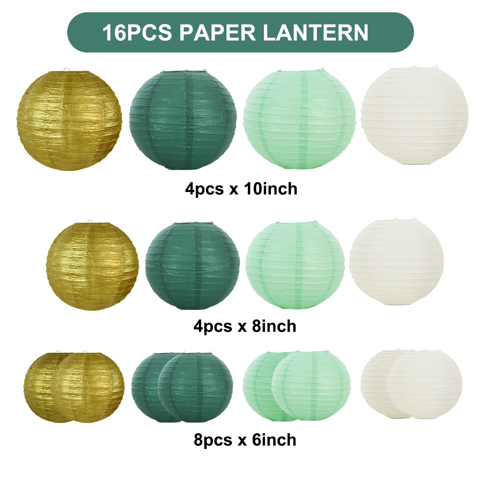 Beishida 16 Pcs Sage Green Gold Paper Lanterns,Hanging Decorative Chinese Japanese Round Paper Lantern Lamp For Birthday Wedding