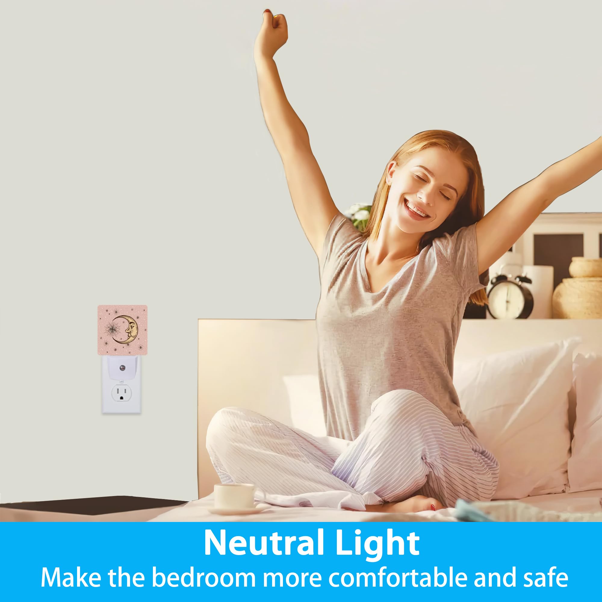 Meikosks Boho Chic Crescent Night Light,Moon And Stars Night Lights Plug Into Wall Dusk To Dawn Sensor Led Lamp For Women Men,Le