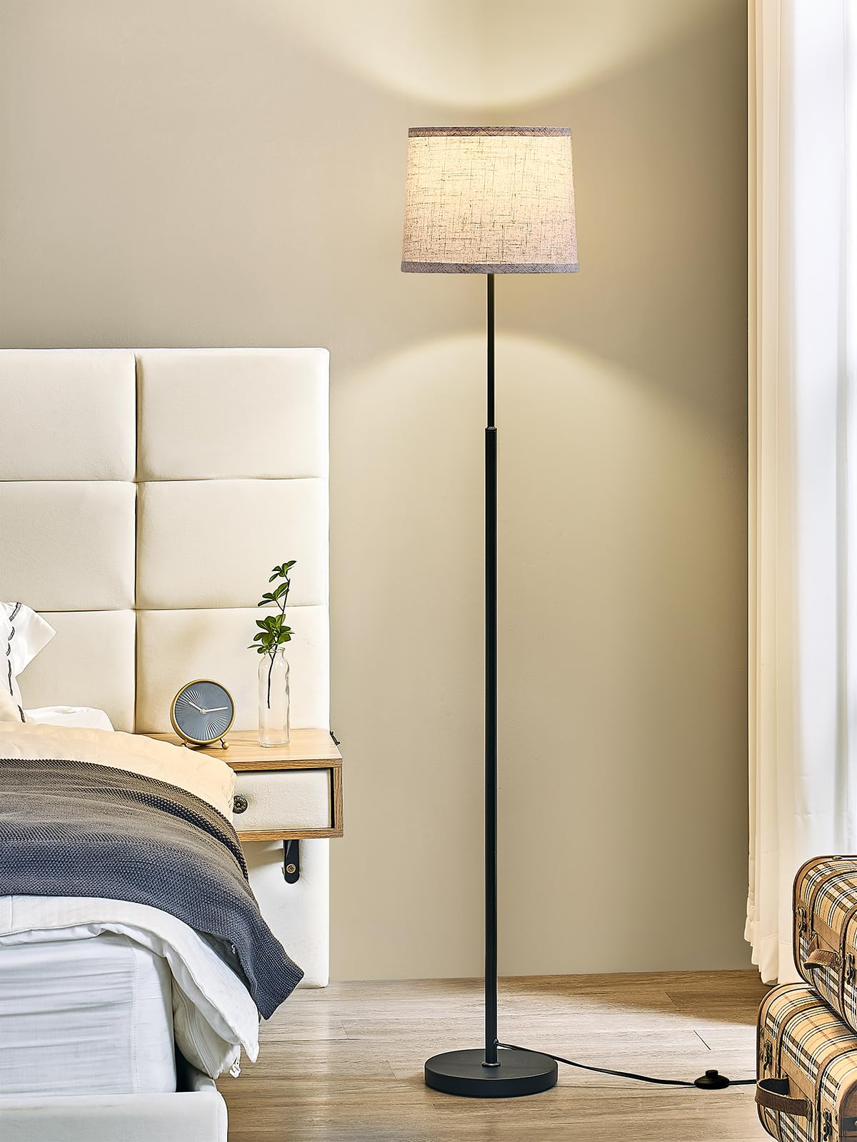 Hikczc 60in Modern Floor Lamp, Black Metal with Oatmeal Linen Shade, A19 9W Bulb, Foot Switch Control, Model H-1F-102