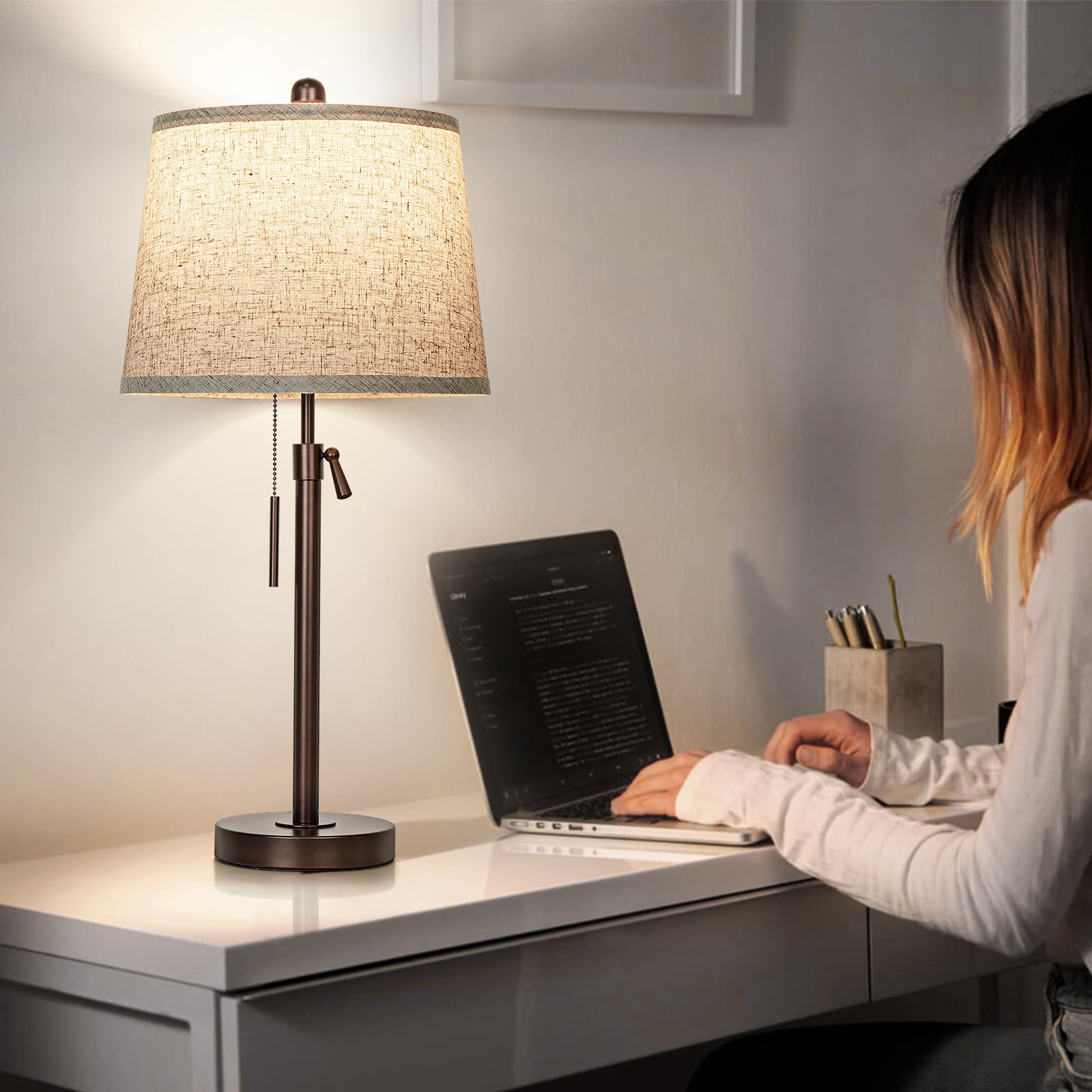 Table Lamps Set Of 2, 22" To 30"Adjustable Height Bedside Lamps For Living Room 3 Color Temperatures Tall Nightstand Lamps Modern Brown Table Lamp For Bedroom Office End Table (Bulbs Included)