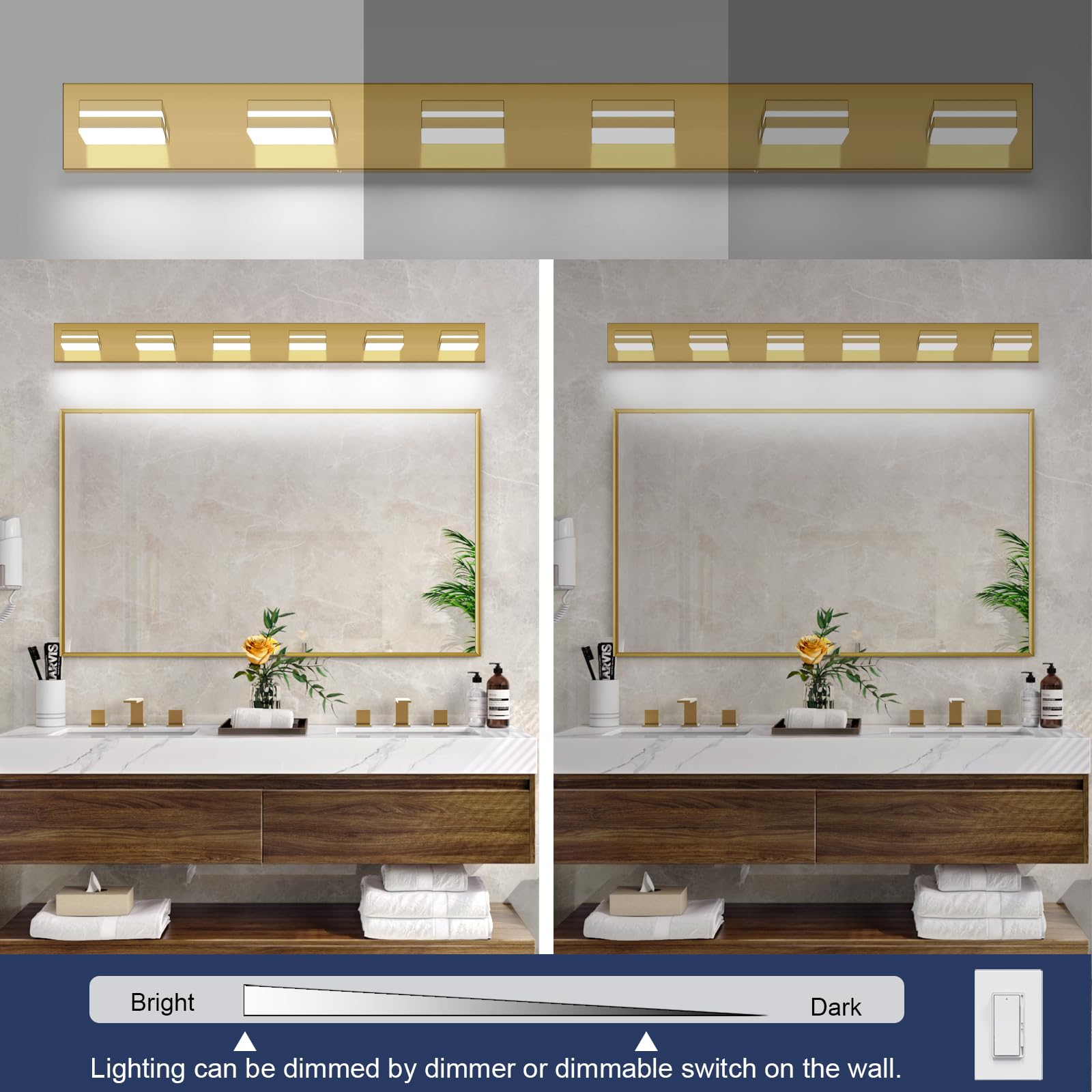 SineRise 6-Light LED Bathroom Vanity Light Fixture, 48-Inch, Brass, Dimmable, Acrylic, Cool White 6000K