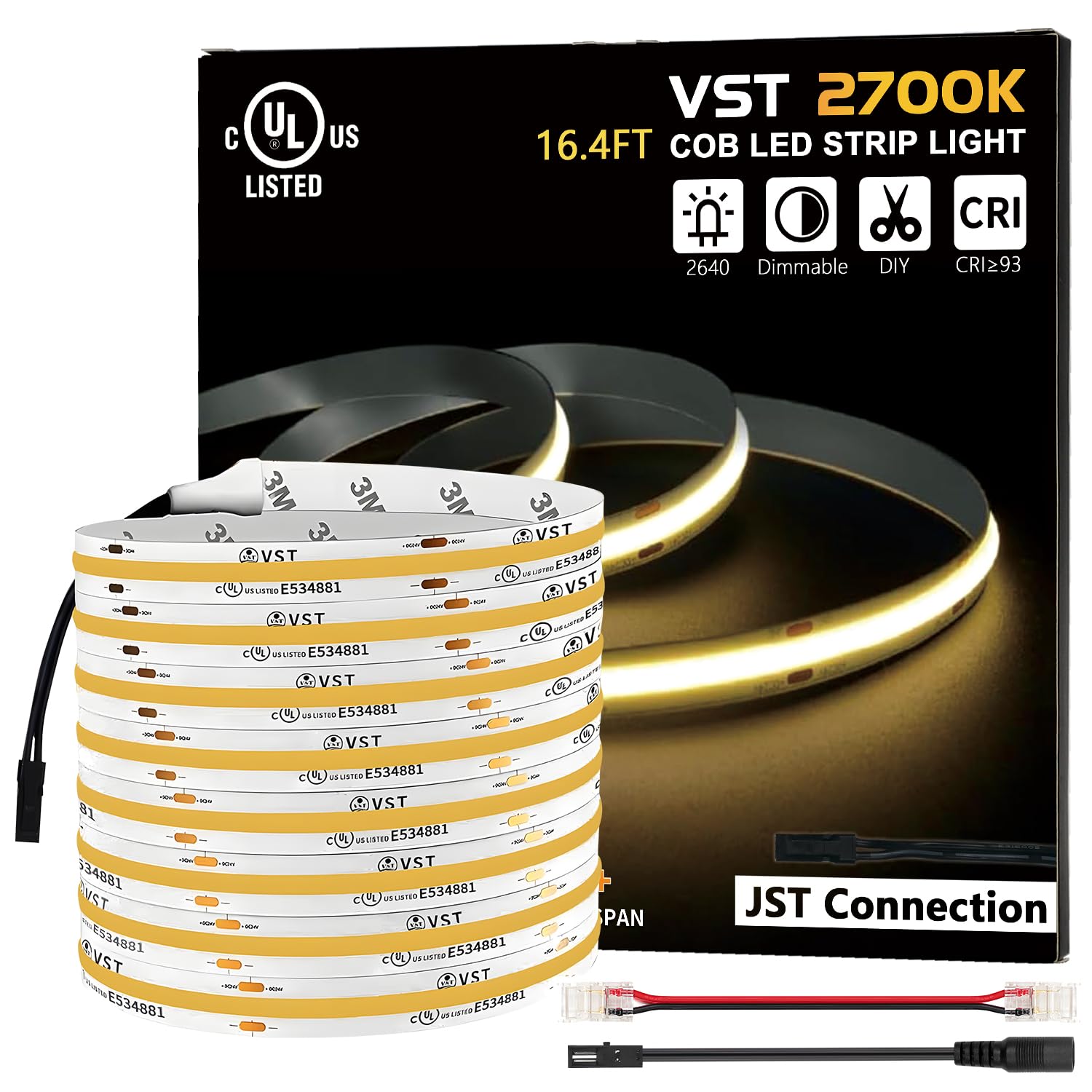 Vst 16.4Ft Cob Led Strip Lights Warm White 2700K  24V Dimmable Led Tape Light  48W  2640 Leds  Ra 93+  Ip30  Lighting For Kitchen  Cabinets  Ul Listed (Power Source Not Included)