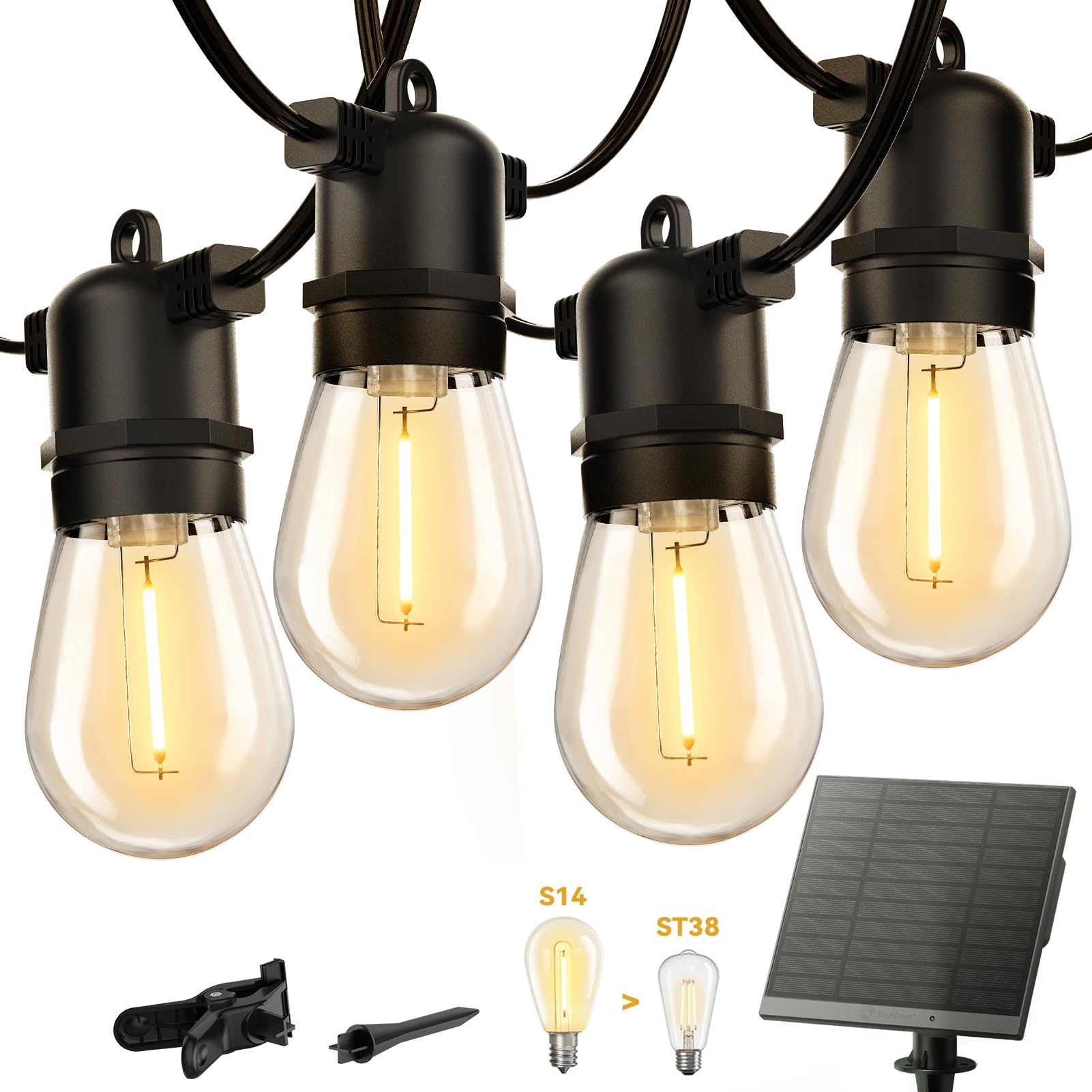 Brightown 55FT Solar String Lights Outdoor Waterproof, Patio Lights with Remote and 16+1 LED Shatterproof Bulbs, Dimmable & Tima