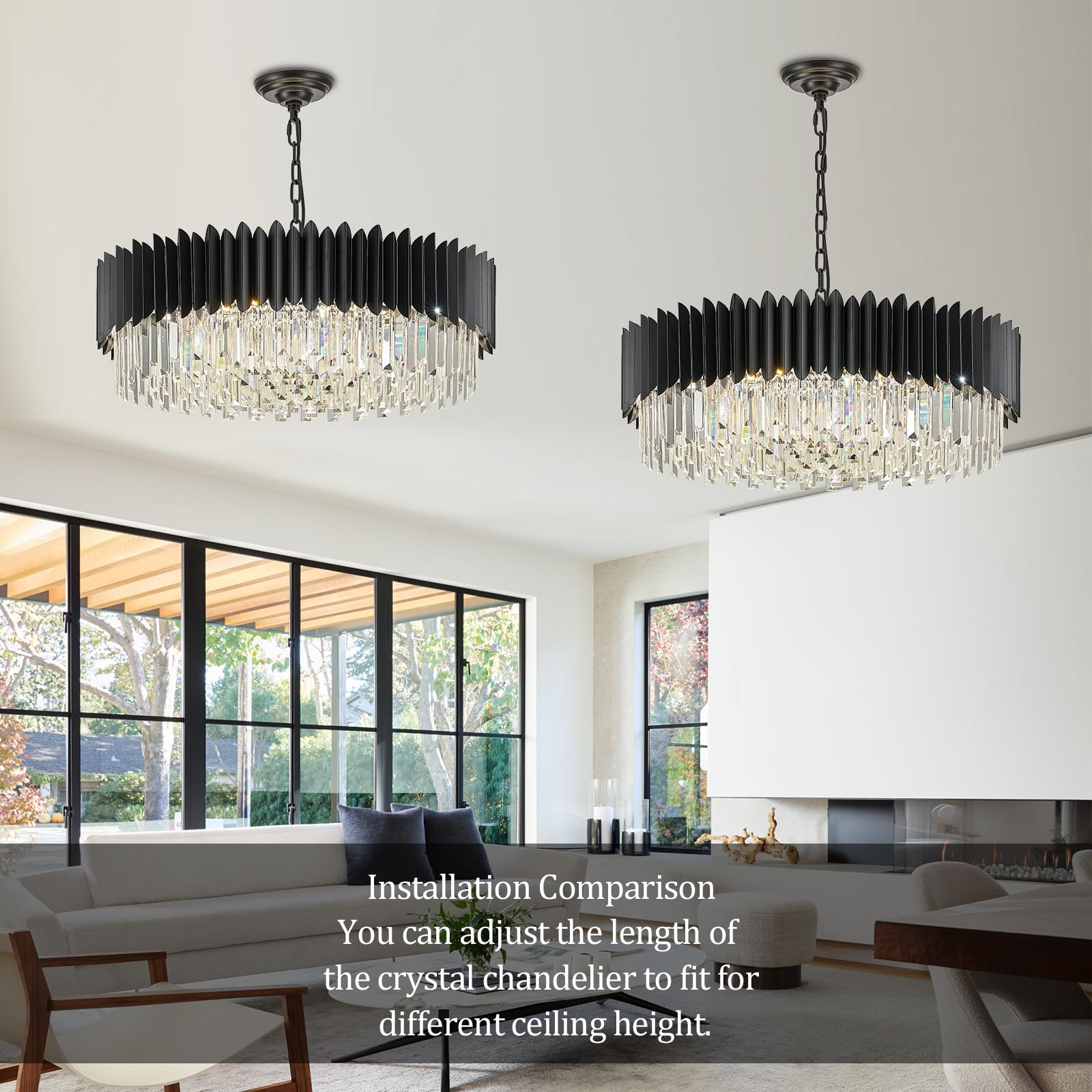 Yolizuot Black Crystal Chandelier 30'' K9 Crystal Round Pendant Lights Adjustable 6-Tier Large Modern Crystal Chandelier Light 1