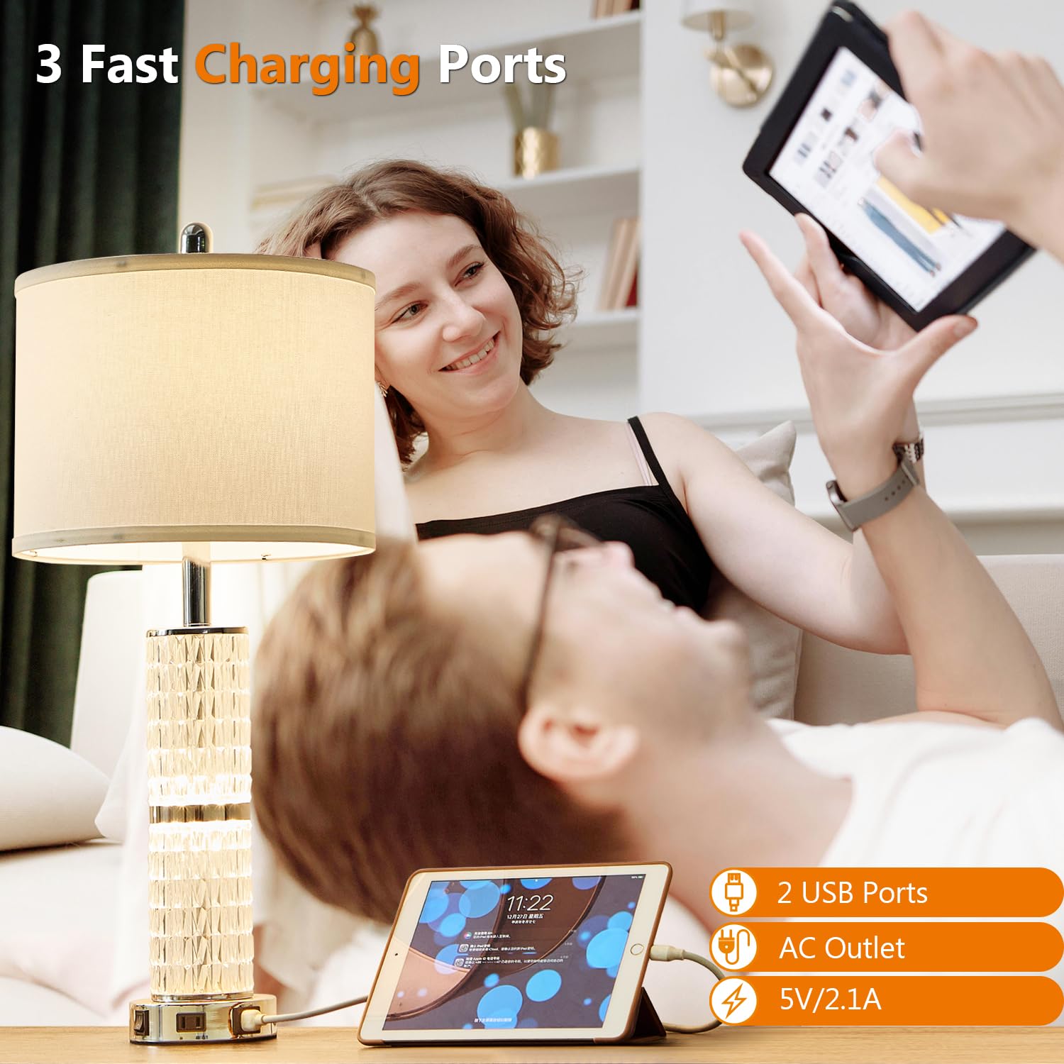 SAIWEYA Crystal Table Lamp, Modern 3-Way Dimmable Touch Lamp with USB Ports, 27" Silver, for Bedroom & Living Room Nightstand
