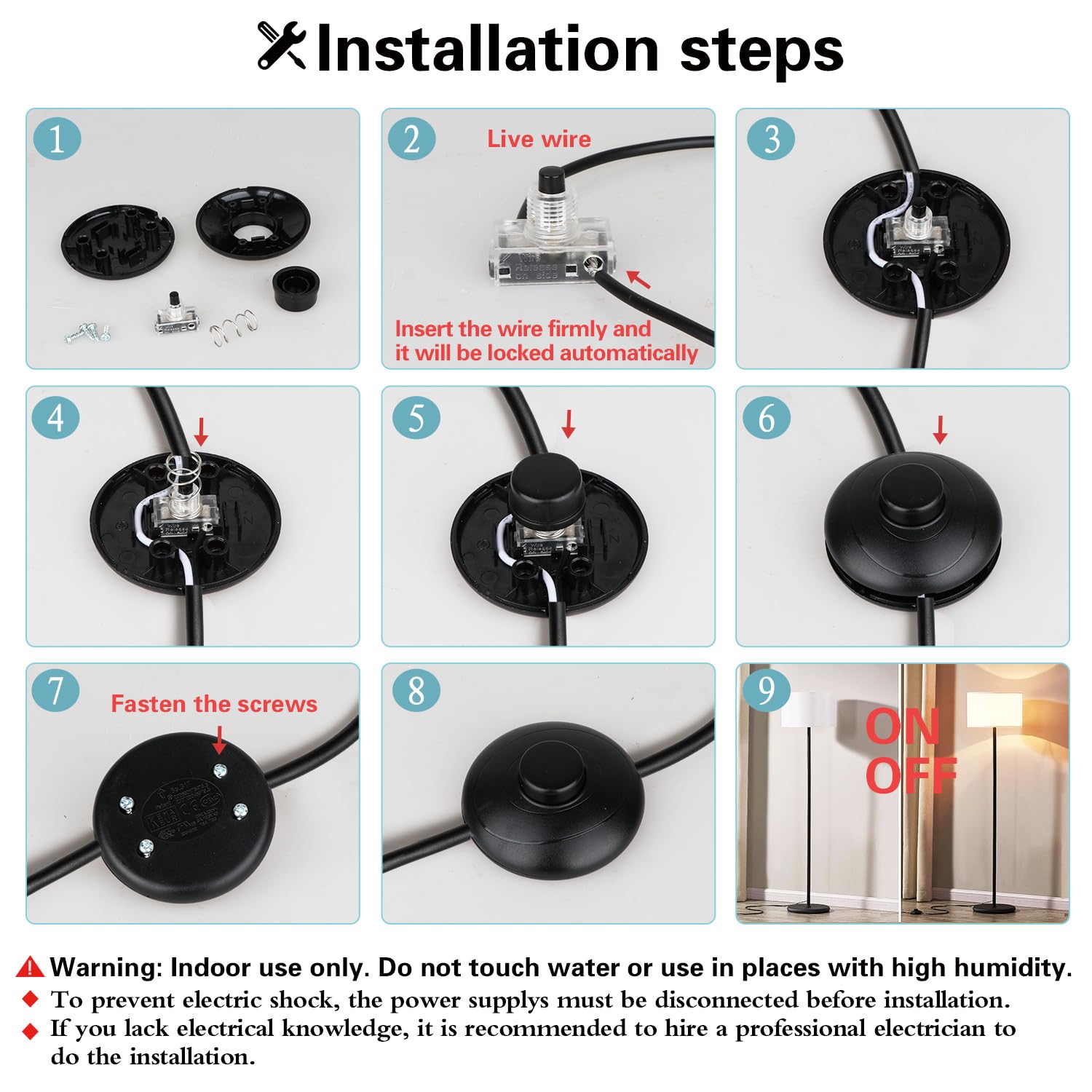 Helunsi 3Pcs Floor Lamp Foot Switch, Black Foot Pedal Switch, Round Floor Lamps Foot Inline Switch, Step On Off Spring Push Butt