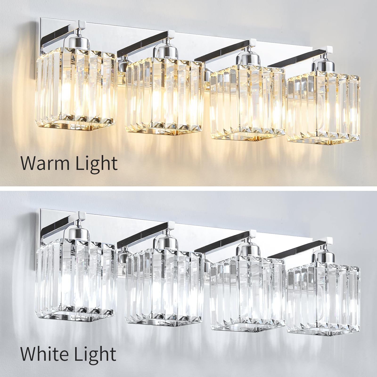 Aixialin 4-Light Chrome Bathroom Vanity Light Fixture, Modern Crystal Design, Model 600-100-1020, Metal Material