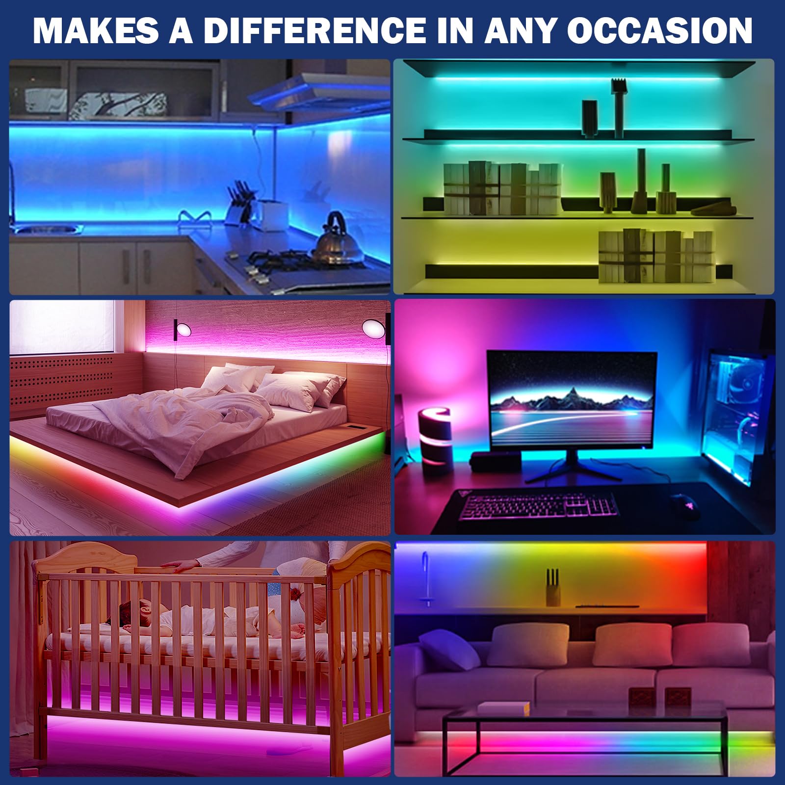 131.2Ft Led Strip Lights(4 Rolls Of 32.8Ft),480Leds 5050 Rgb Color Changing Led Light Strips With 4-Pin Connector,Self-Adhesive