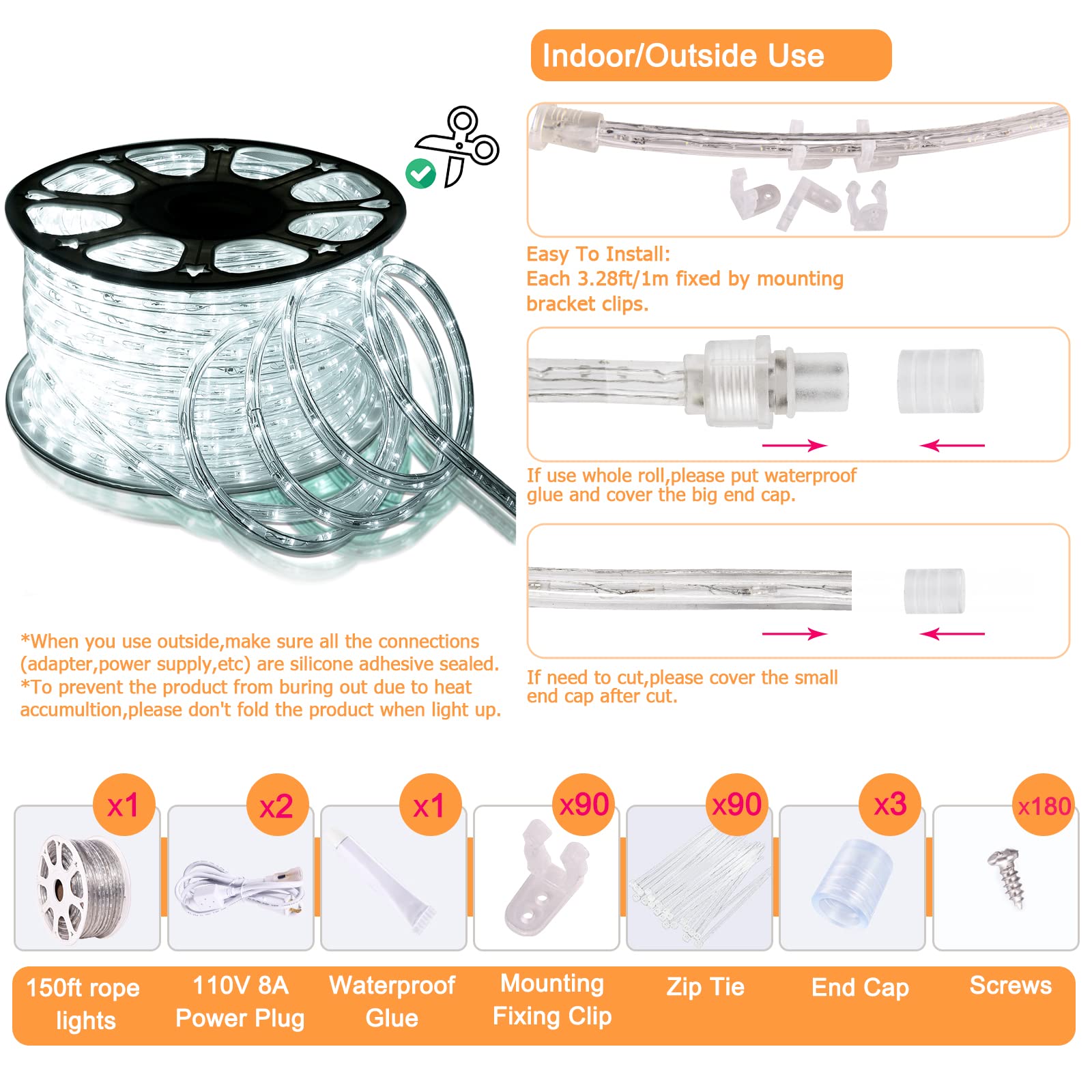 SURNIE LED Rope Lights 150FT Waterproof Dimmable Daylight White for Outdoor/Indoor Decoration, Model SR11101-45-DW-NA