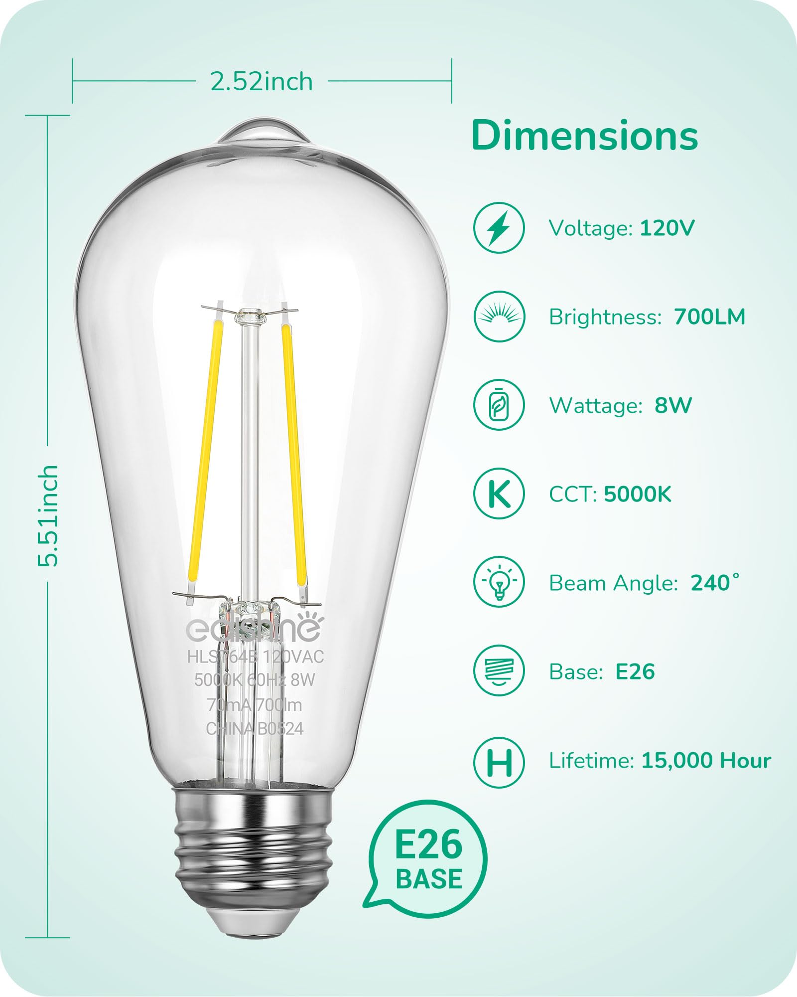EDISHINE 6 Pack Dusk to Dawn LED Outdoor Light Bulb, Vintage Styled ST64 LED Edison Filament Bulb, 700LM 5000K Daylight White wi