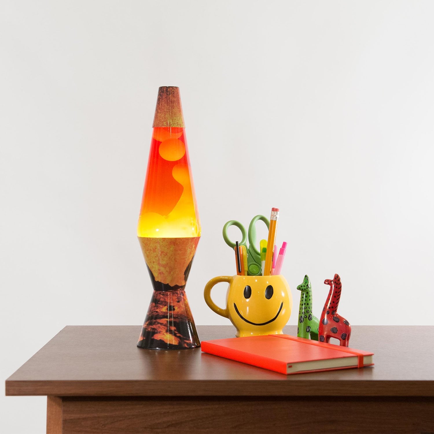 Lava Lava Lamp 2149, 14.5-inch Glass Decal Colormax, Multicolor Volcano Base, White Wax, Clear Liquid, Tri-Colored Globe