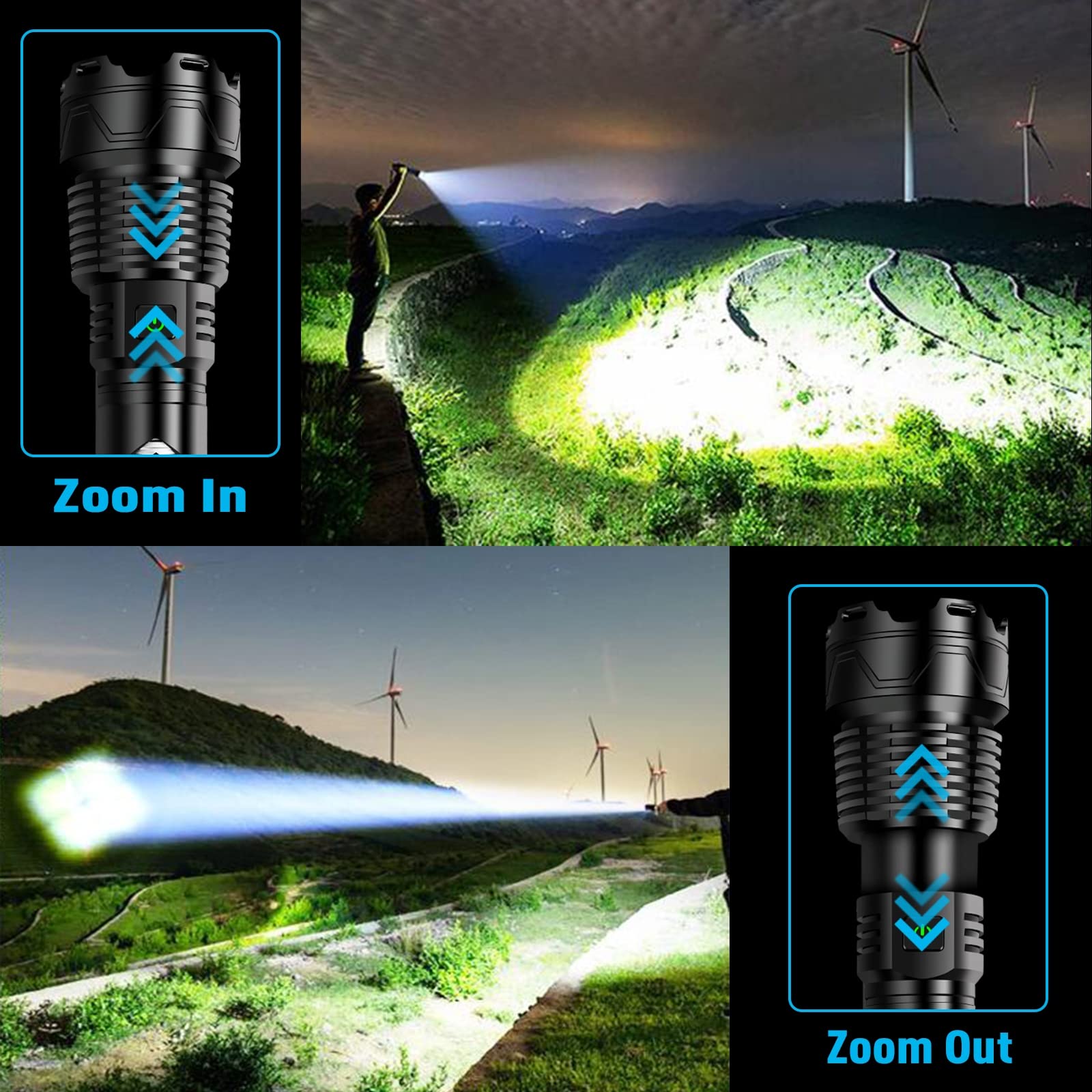 Sinvimes Rechargeable Tactical Flashlight, 990000LM, Zoomable, IPX7 Waterproof, Aluminum, Black, Model BM-LITE-M1, Perfect for Camping & Emergencies