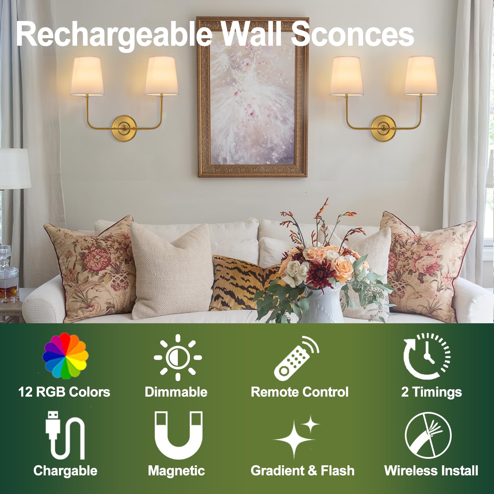TERLEENART Battery Operated Double Wall Sconce, Dimmable 2-Lights Fabric Sconces with Remote Control, Antique Brass, Model TER-701-03-DP