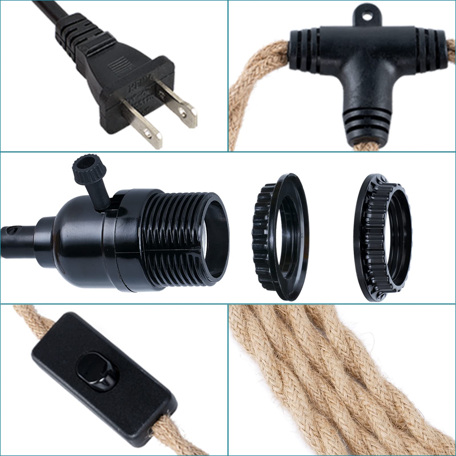 Yeleeino Vintage Triple Pendant Light Cord Kit With Independent Switch, Hemp Rope Pendant Light Plug In, E26 Farmhouse Hanging Lighting Cord Fixture, For Diy Lampshade Cable Loft