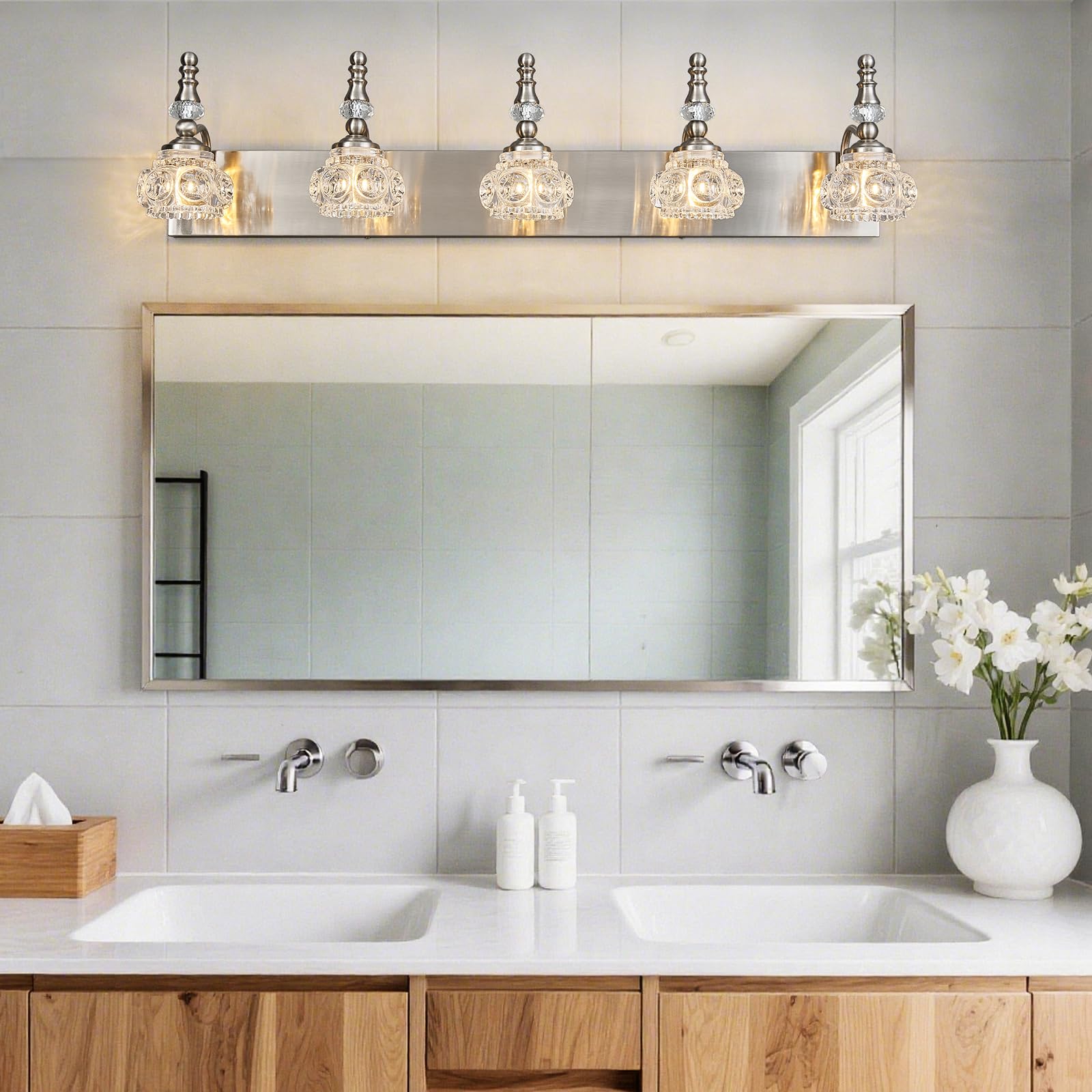 Lbsqj Modern Glass Crystal Vanity Light - Vintage Bathroom Lighting Fixtures Over Mirror  5 Light Vanity Lights G9 Bulb (35.43 Inch  Nickel)