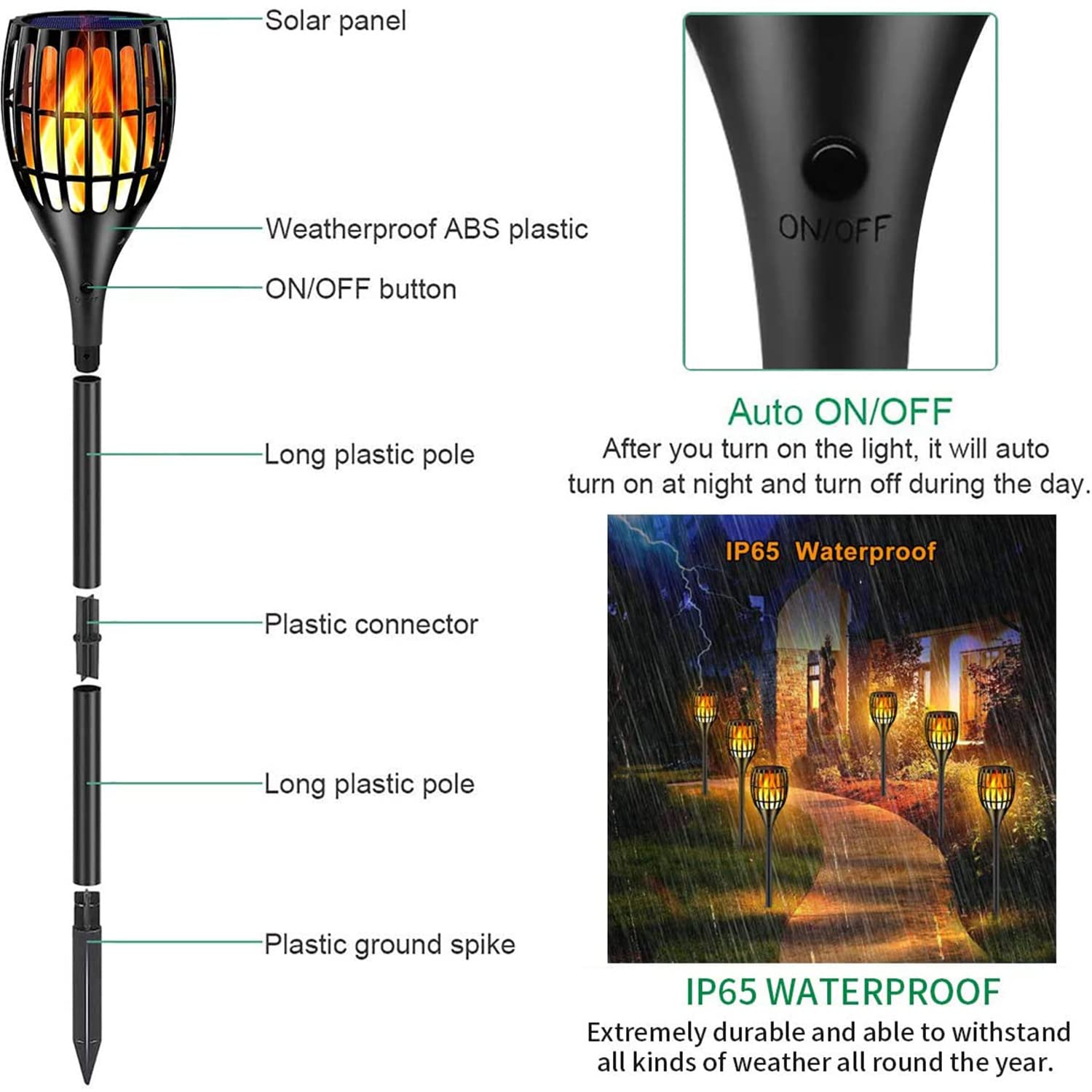 Ollivage Solar Torch Lights, 43" Flickering Flames, 4 Pack, Waterproof Outdoor Lighting, Black, Model ST-OV9605-1b-4
