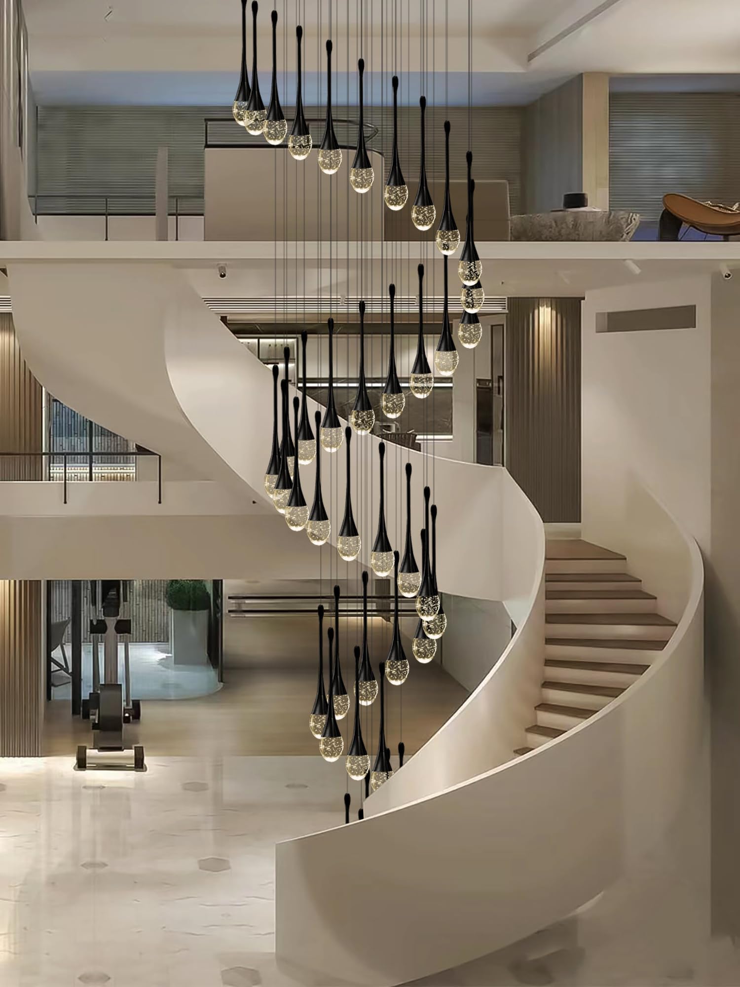 ykolupty Crystal Staircase Chandelier, 42-Lights, Adjustable Length 197in, Black, Model TP0038-42H, Ideal for High Ceilings