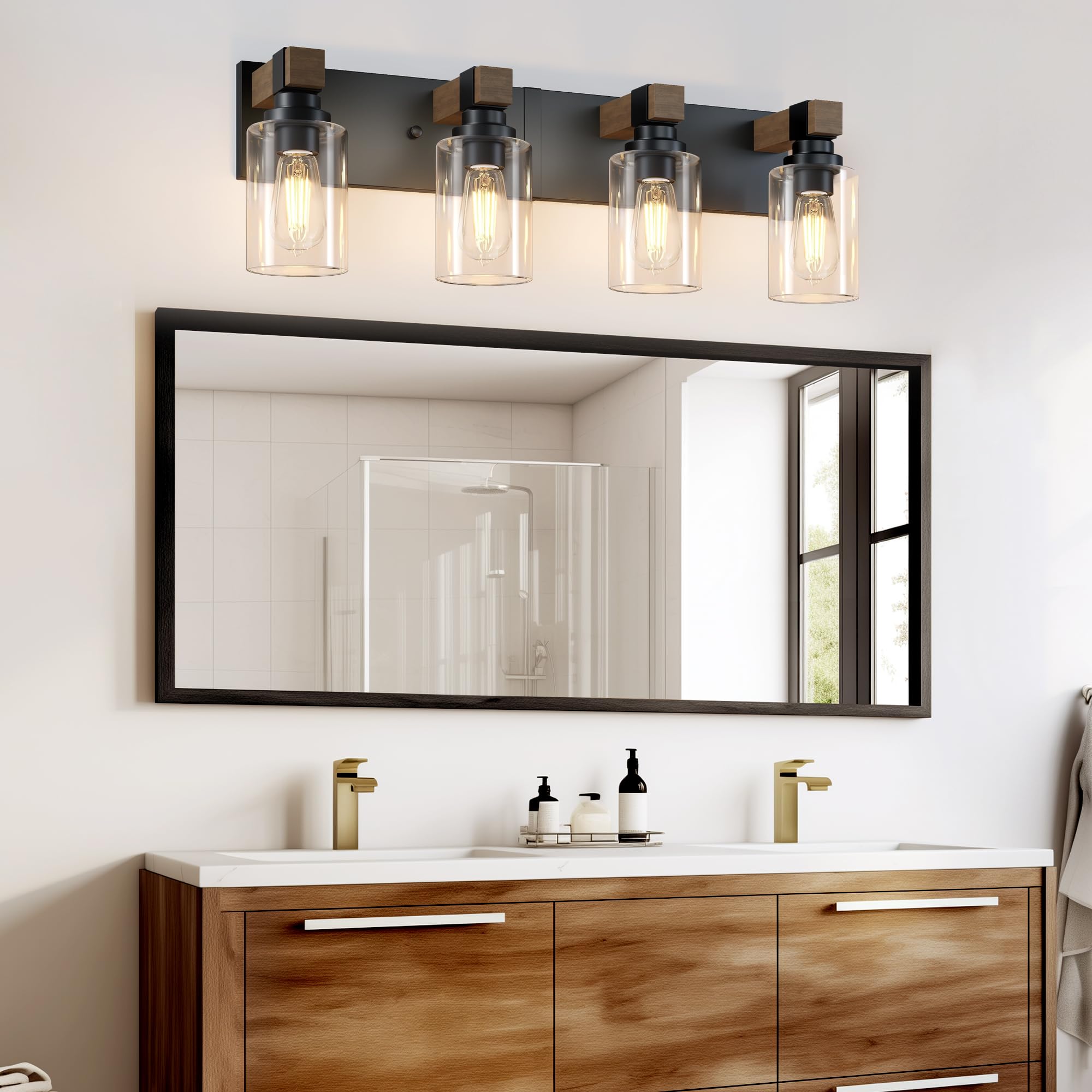 DvmTeom Farmhouse Bathroom Vanity Light - Rustic 4-Light Black & Wood Sconces with Glass Shade, Model D6005