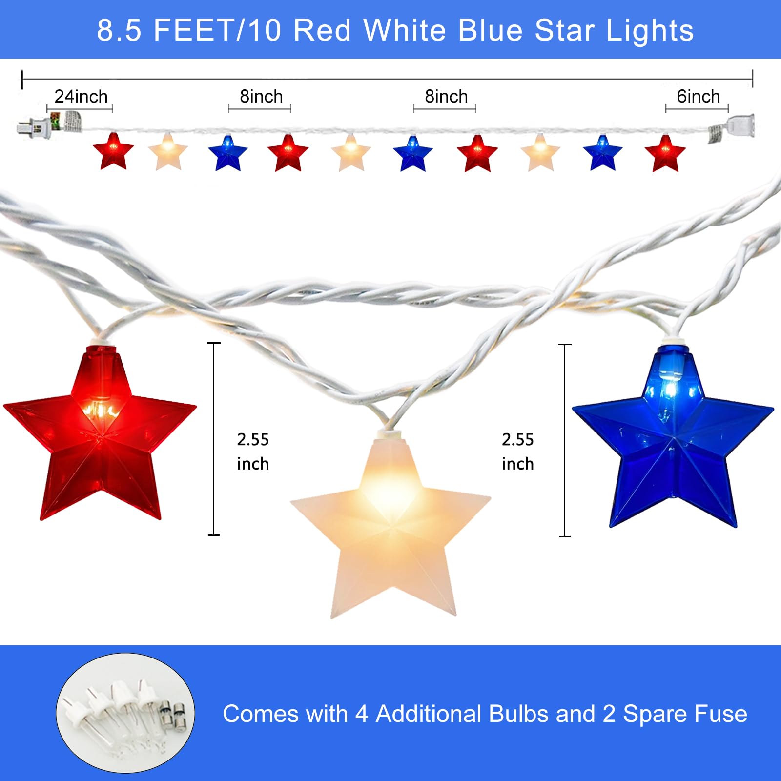 Red White Blue Stars String Lights, 8.5Ft Independence Day Decoration Lights With 10 Red White Blue Lights, 4Th Of July Decorati