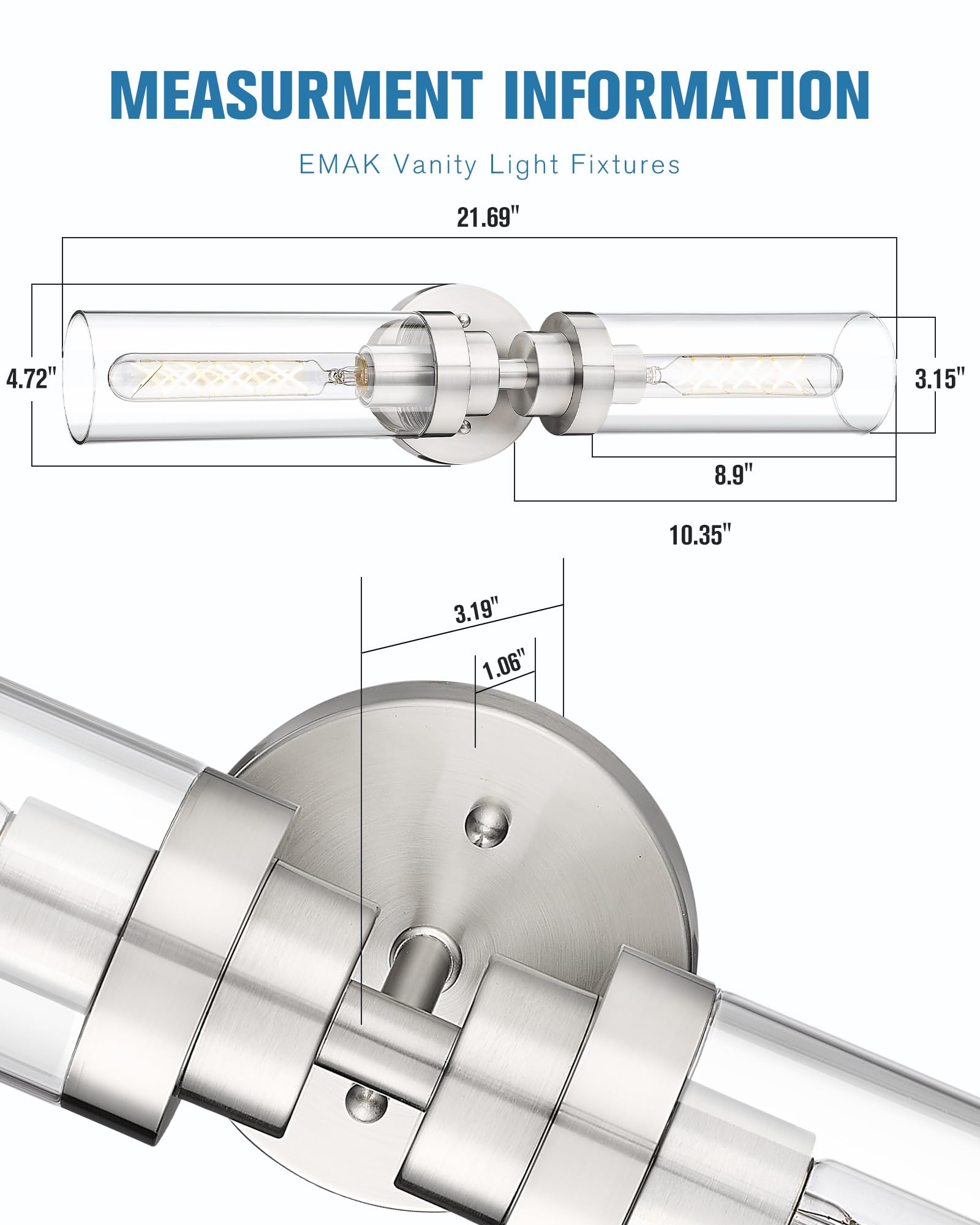 Emak 22 Inch Brushed Nickel Bathroom Vanity Light, 2-Light Cylinder Sconce with Clear Glass Shade, Model VL085-BN-2