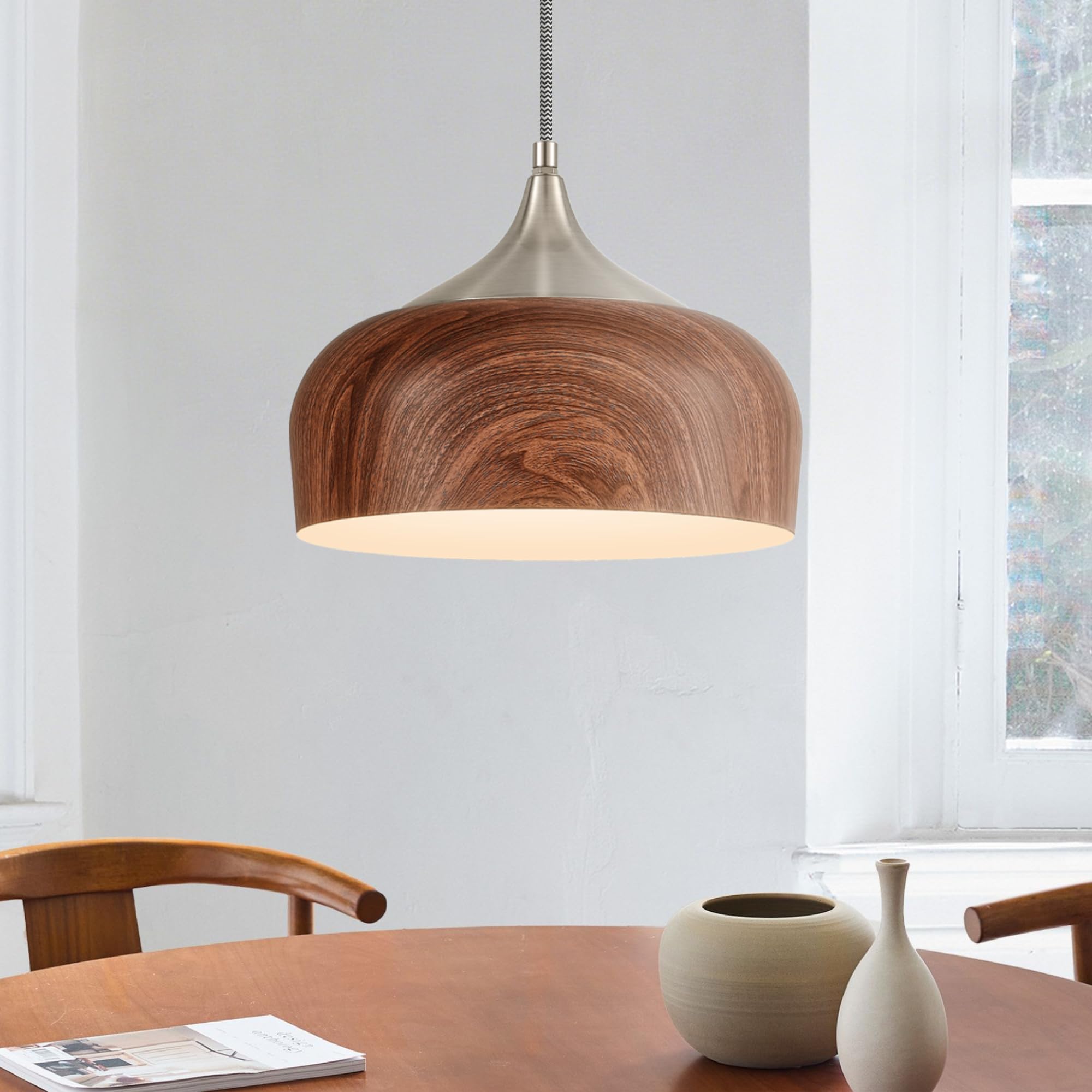 Elyona Brushed Nickel Pendant Light Wooden Pattern Dome Pendant Light Fixture Nickel Metal Modern Adjustable Hanging Lighting For Kitchen Island Dining Room Office Hallway Foyer Bedroom  12 Inch