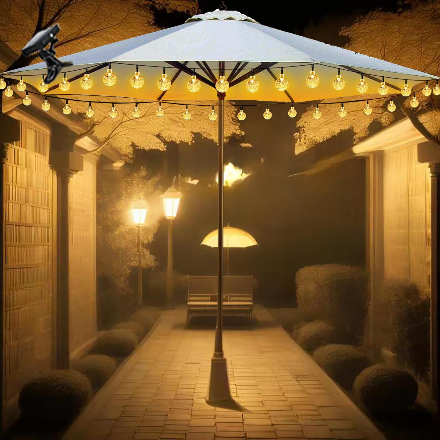 POOCCI Solar Umbrella Lights Crystal String Lights Solar Powered Waterproof 60 LED Patio Umbrella Lights 8 Lighting Modes Fairy 