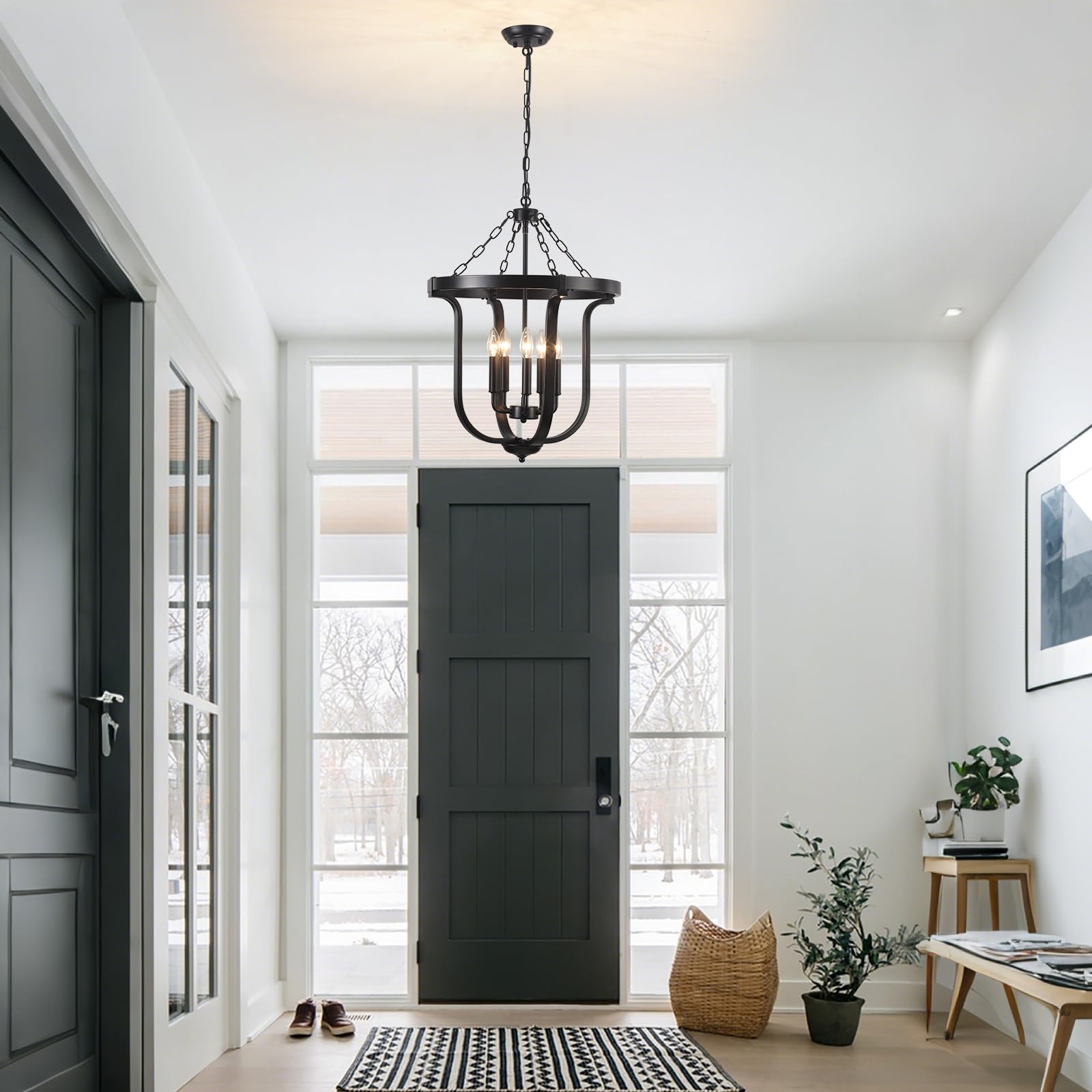 Black Farmhouse Chandelier 5 Lights,19    Industrial Lantern Entryway Light Fixture With Metal Cage Height Adjustable Rustic Han