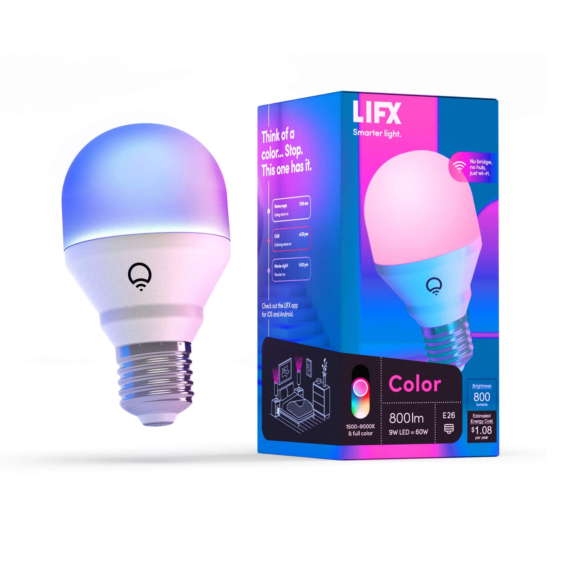LIFX Color A19 Smart LED Light Bulb, 800 Lumens, Wi-Fi, Works with Alexa & Google, 1 Count, Plastic, Model L3A19LC08E26