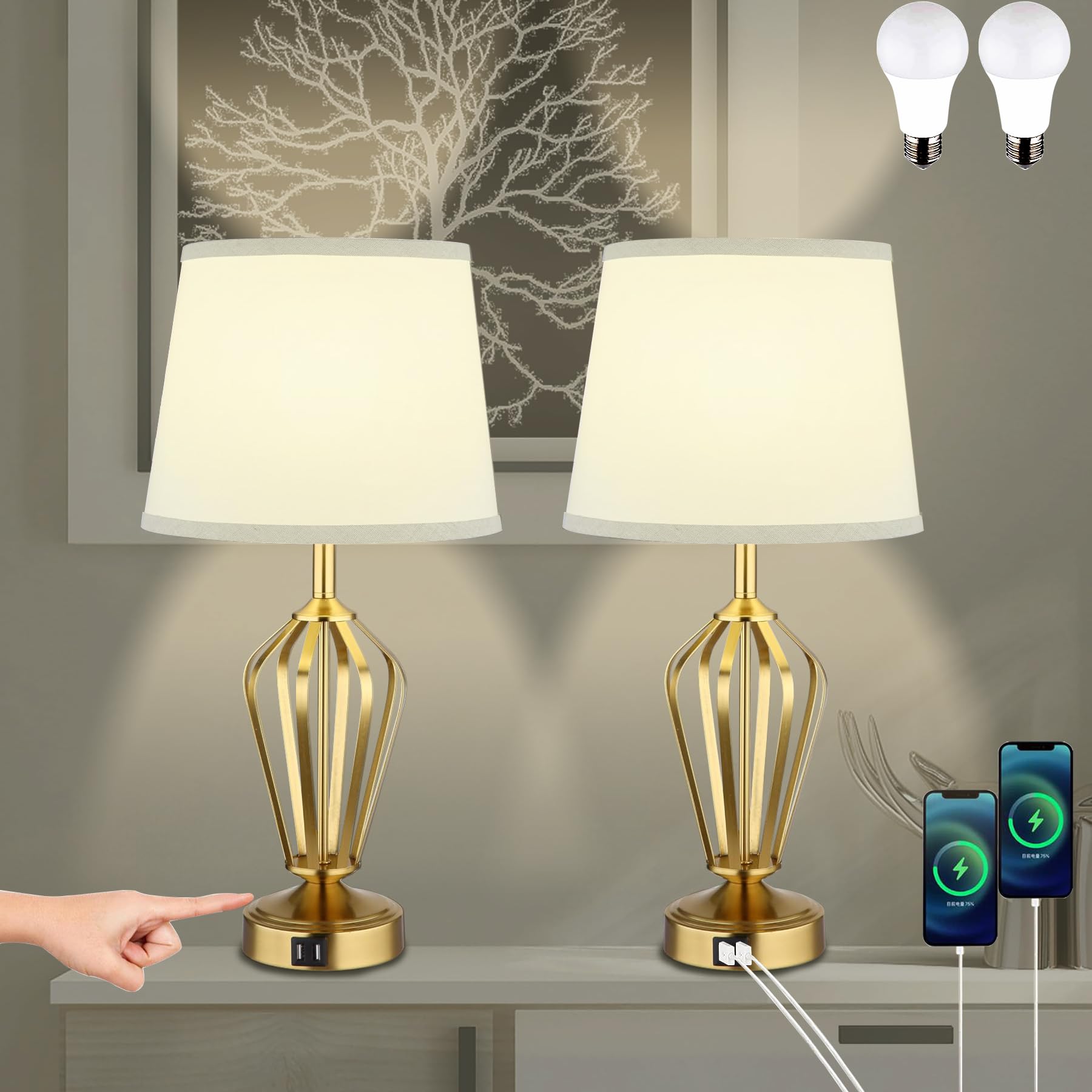 Ldeco Touch Table Lamps Set of 2  nightstand lamp with USB Ports Bedside 3 Way Touch dimmer Desk lamp for Living Room Bedroom Gold Plated Spiral cage Base Design Warm White dimmer Bulbs Included.